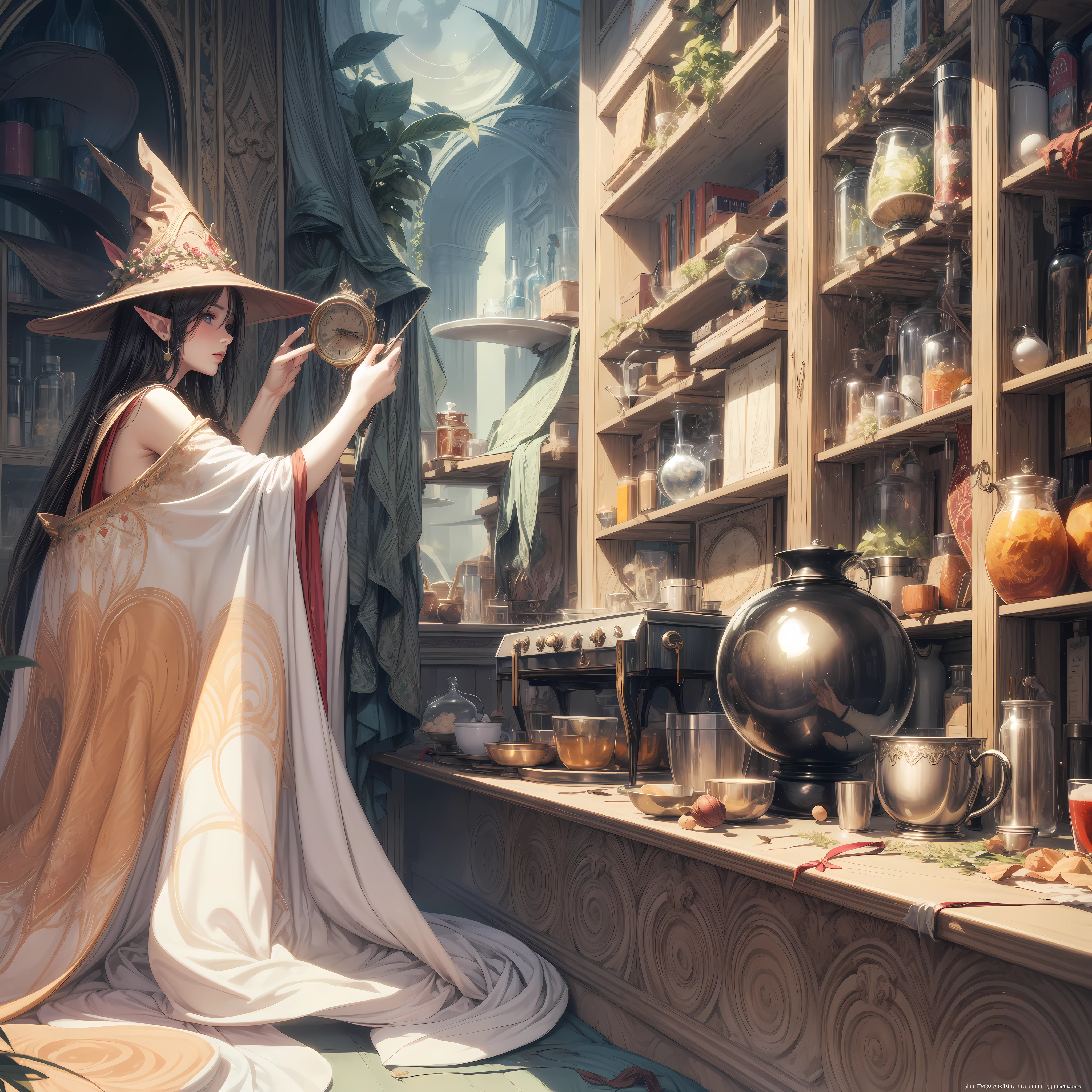 beautiful (elf) as witch picking magic material from magnificent store shelf in laboratory, art nouveau painting waifu cute fantasy illustration, by Kay Neilsen, by Alfons Maria Mucha, high quality high resolution ultra detailed 8k digital art, white hair.