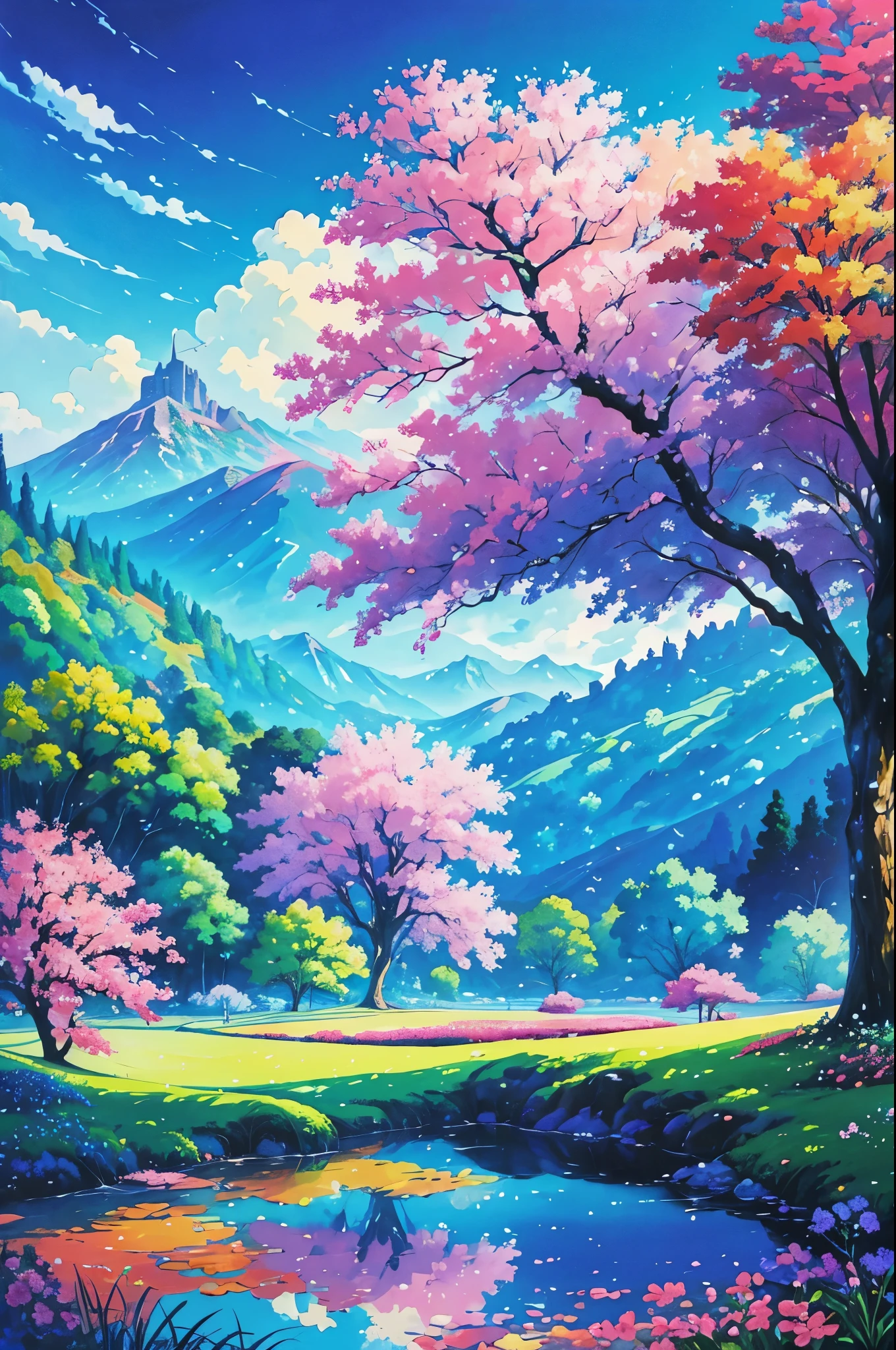 There is a painting of a colorful landscape with trees and flowers, vibrant gouache painting scenery, pintura de paisagem colorida, paisagem campestre anime, paisagem brilhante, scenic colorful environment, Jen Bartel, Paisagem do anime, arte de fundo do anime, anime bela cena de paz, scenery art detailed, Arte bonita UHD 4K, beautiful anime scenery, pintura digital colorida, paisagem de sonho, papel de parede de paisagem anime