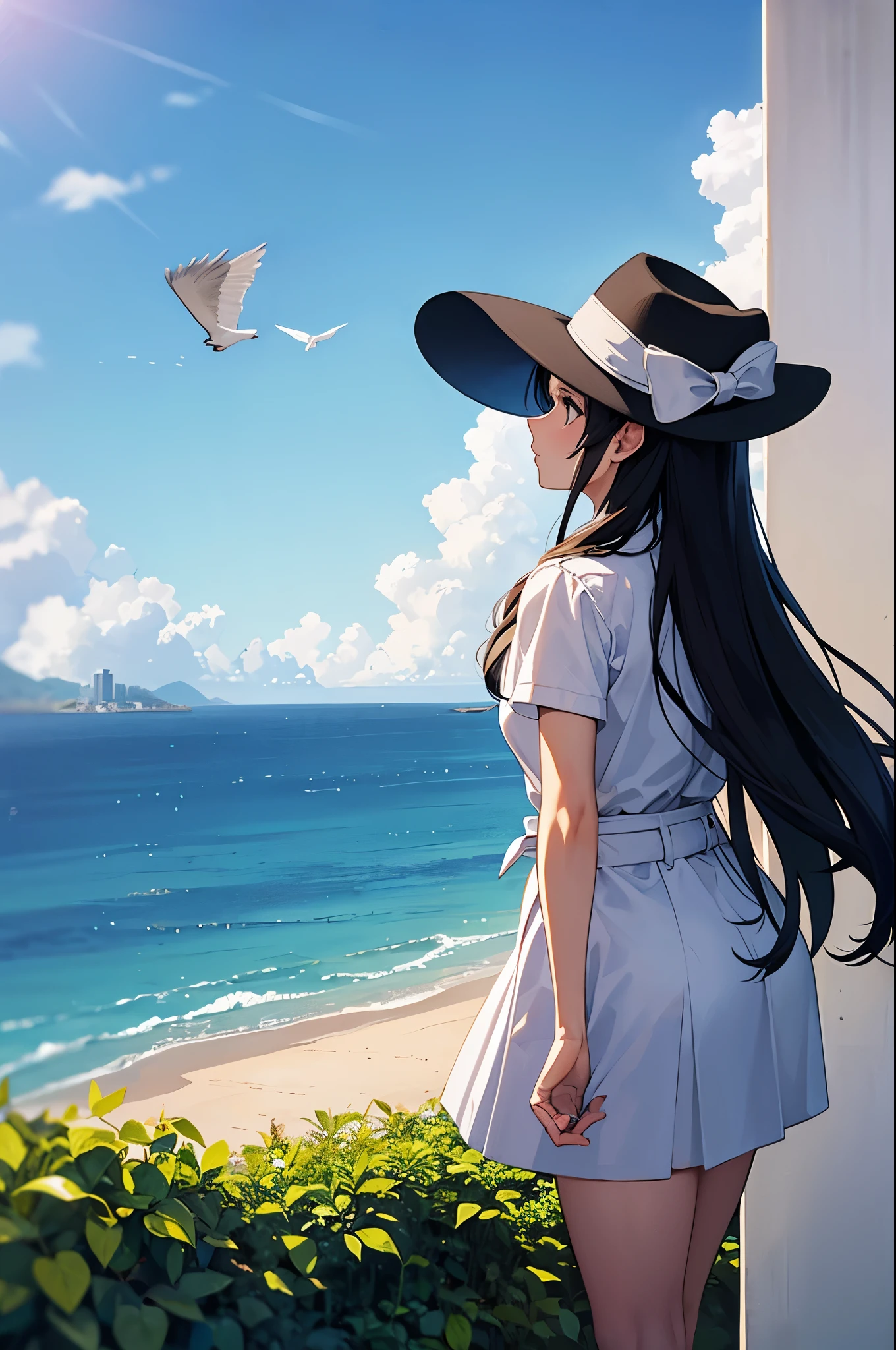 A woman looking down on the city from a hill overlooking the ocean I'm holding down my hat, which looks like it's going to fly away in the wind.