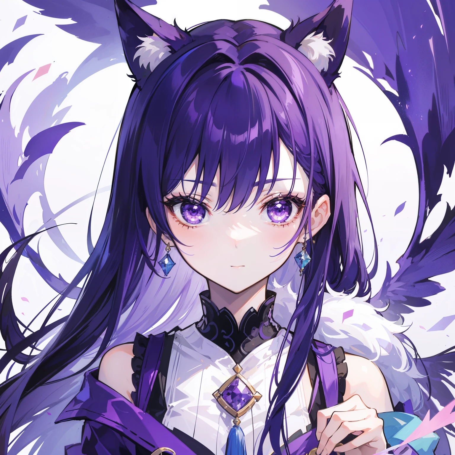 Close-up shot of an enchanting Asian girl with vibrant purple hair and a stylish purple jacket. Her right shoulder is gracefully exposed, adding a touch of allure to her captivating presence. She holds a sign with elegant calligraphy that reads "Arasaka," showcasing her affiliation with the renowned organization. Her mesmerizing big eyes, filled with beauty and depth, seem to hold a thousand untold stories within them.