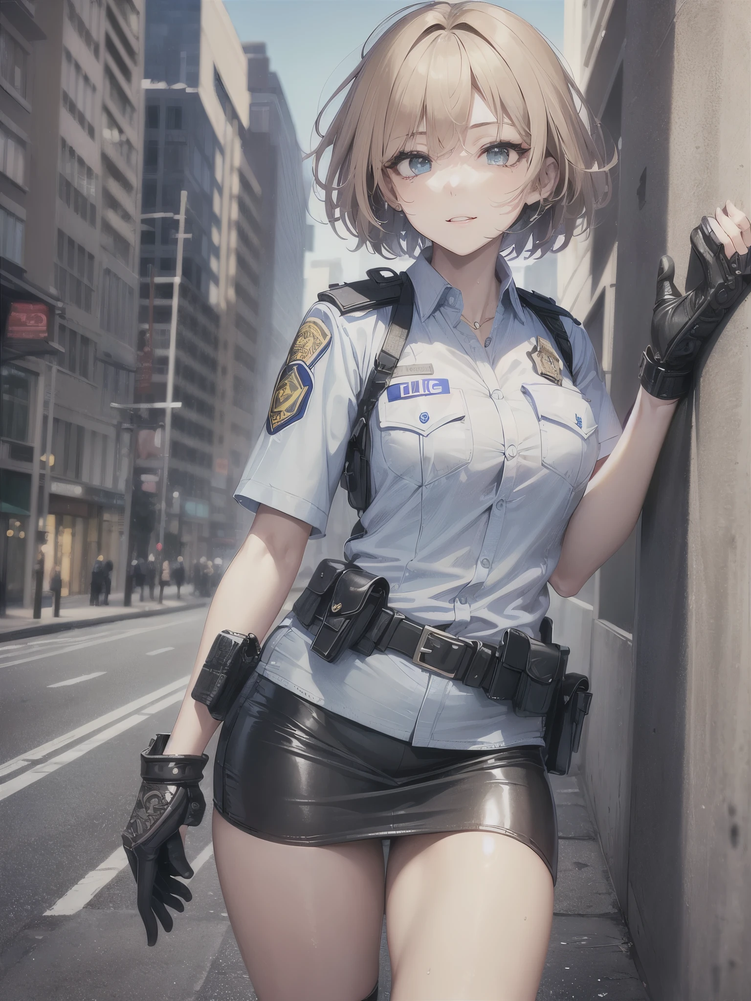 ((highest quality)),(ultra high resolution),(Super detailed),(detailed description),((best CG)),(best work of art),super precision art,great drawing art,(Art with precise details:1.5), (1 female police officer:1.8),(beautiful and well-shaped face:1.5),(Strong-willed eyes:1.5,(light makeup:1.6),(Moist body flaxen short hair:1.6),(Tight uniform:1.6),(tight mini skirt:1.4),(holster:1.5),(Beautiful leg lines:1.5), (Exquisite and detailed outdoor scenery:1.7),