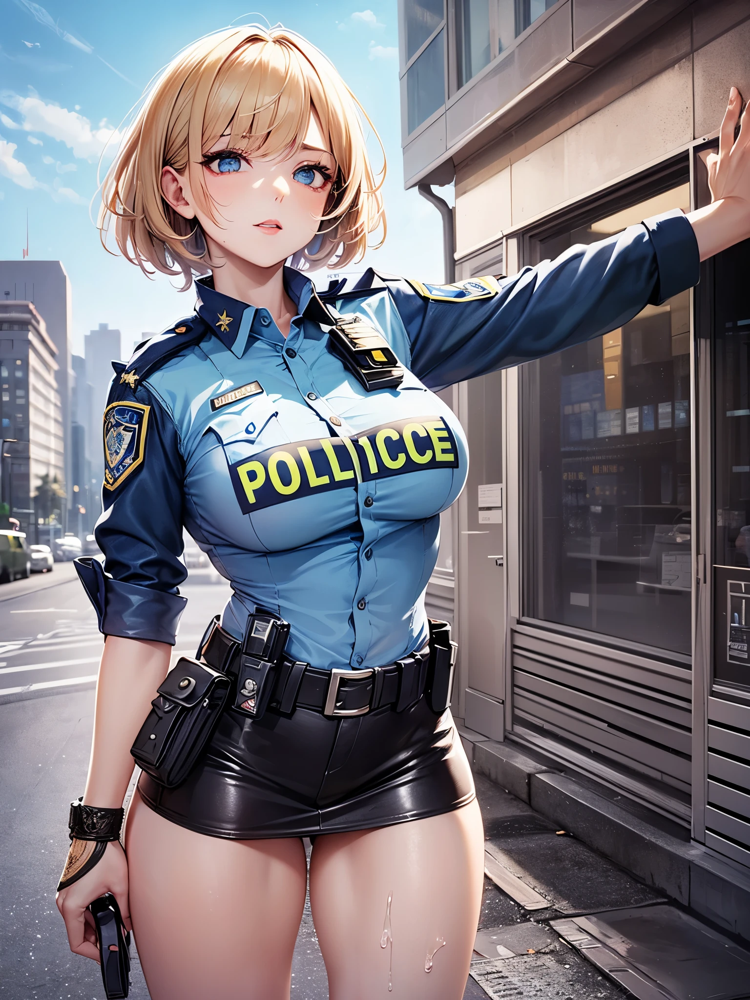 ((highest quality)),(ultra high resolution),(Super detailed),(detailed description),((best CG)),(best work of art),super precision art,great drawing art,(Art with precise details:1.5), (1 female police officer:1.8),(beautiful and well-shaped face:1.5),(Strong-willed eyes:1.5,(light makeup:1.6),(Moist body flaxen short hair:1.6),(Tight uniform:1.6),(tight mini skirt:1.4),(holster:1.5),(Beautiful leg lines:1.5), (Exquisite and detailed outdoor scenery:1.7),