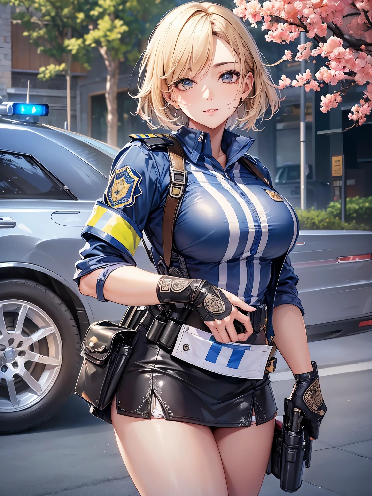 ((highest quality)),(ultra high resolution),(Super detailed),(detailed description),((best CG)),(best work of art),super precision art,great drawing art,(Art with precise details:1.5), (1 female police officer:1.8),(beautiful and well-shaped face:1.5),(Strong-willed eyes:1.5,(light makeup:1.6),(Moist body flaxen short hair:1.6),(Tight uniform:1.6),(tight mini skirt:1.4),(holster:1.5),(Beautiful leg lines:1.5), (Exquisite and detailed outdoor scenery:1.7),