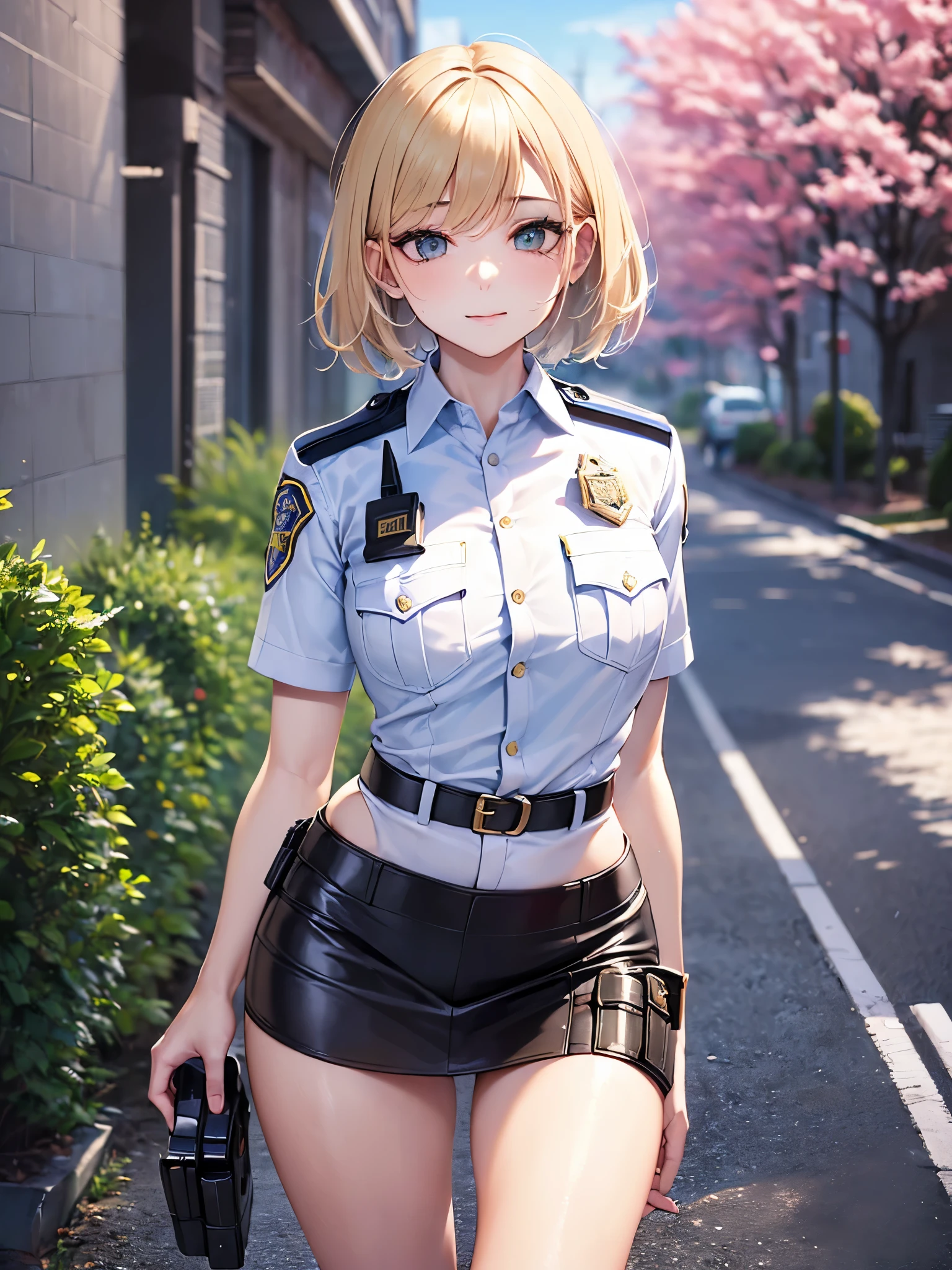 ((highest quality)),(ultra high resolution),(Super detailed),(detailed description),((best CG)),(best work of art),super precision art,great drawing art,(Art with precise details:1.5), (1 female police officer:1.8),(beautiful and well-shaped face:1.5),(Strong-willed eyes:1.5,(light makeup:1.6),(Moist body flaxen short hair:1.6),(Tight uniform:1.6),(tight mini skirt:1.4),(holster:1.5),(Beautiful leg lines:1.5), (Exquisite and detailed outdoor scenery:1.7),