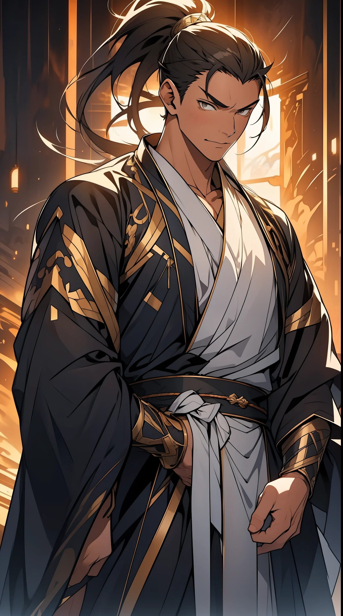 Two dimensions,anime style,one person(male warrior),proportions are correct,facial details,swordsman,high ponytail hairstyle,neck detail,Have an Adam's apple,Black and gold robe,joke,Black and gold robe,clothing details,Hand over,long sleeves,Game quality,fencing,Ray tracing,Ray tracing,Detailed glow,CG rendering,hair details,Long black and blond hair,Black-gold eyes,Handsome,Handsome,(Youthful feeling),Clothing is complicated,Perfect composition,refine,high quality,higher details,many details,Complex background,a sense of atmosphere,