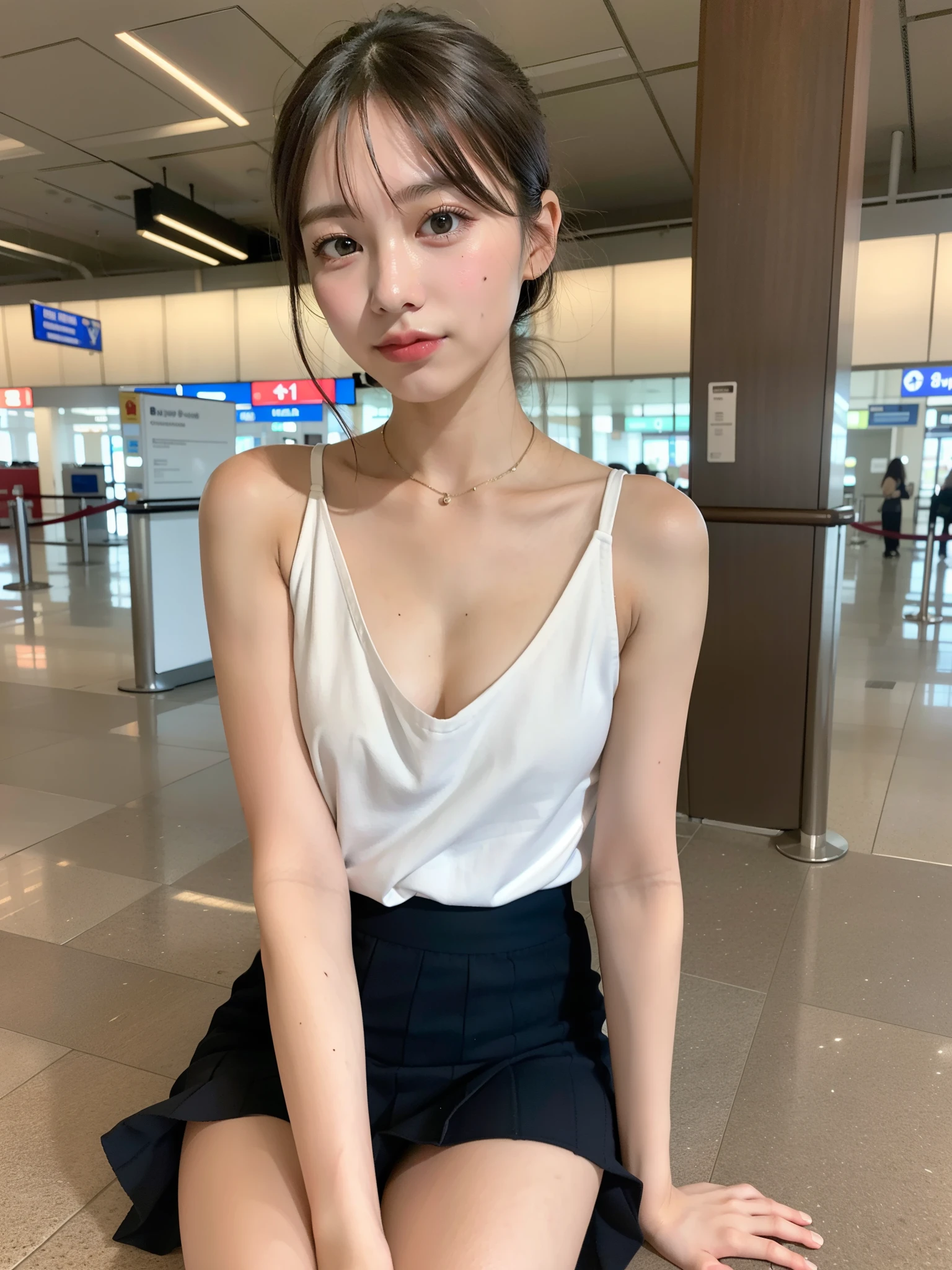 ((Best of the highest quality, 8k, Masterpiece: 1.3, raw photo)), Sharp focus: 1.2, (1 AESPA girl: 1.1), (Solo: 1.18), (realistic, photo-realistic:1.37), face focus, cute face, finely eyes, (Small breasts, flat chest, Thigh: 1.3), short messy hair, updo, (full nude, skirt, sitting floor, from below: 1.2), terminal, airport,