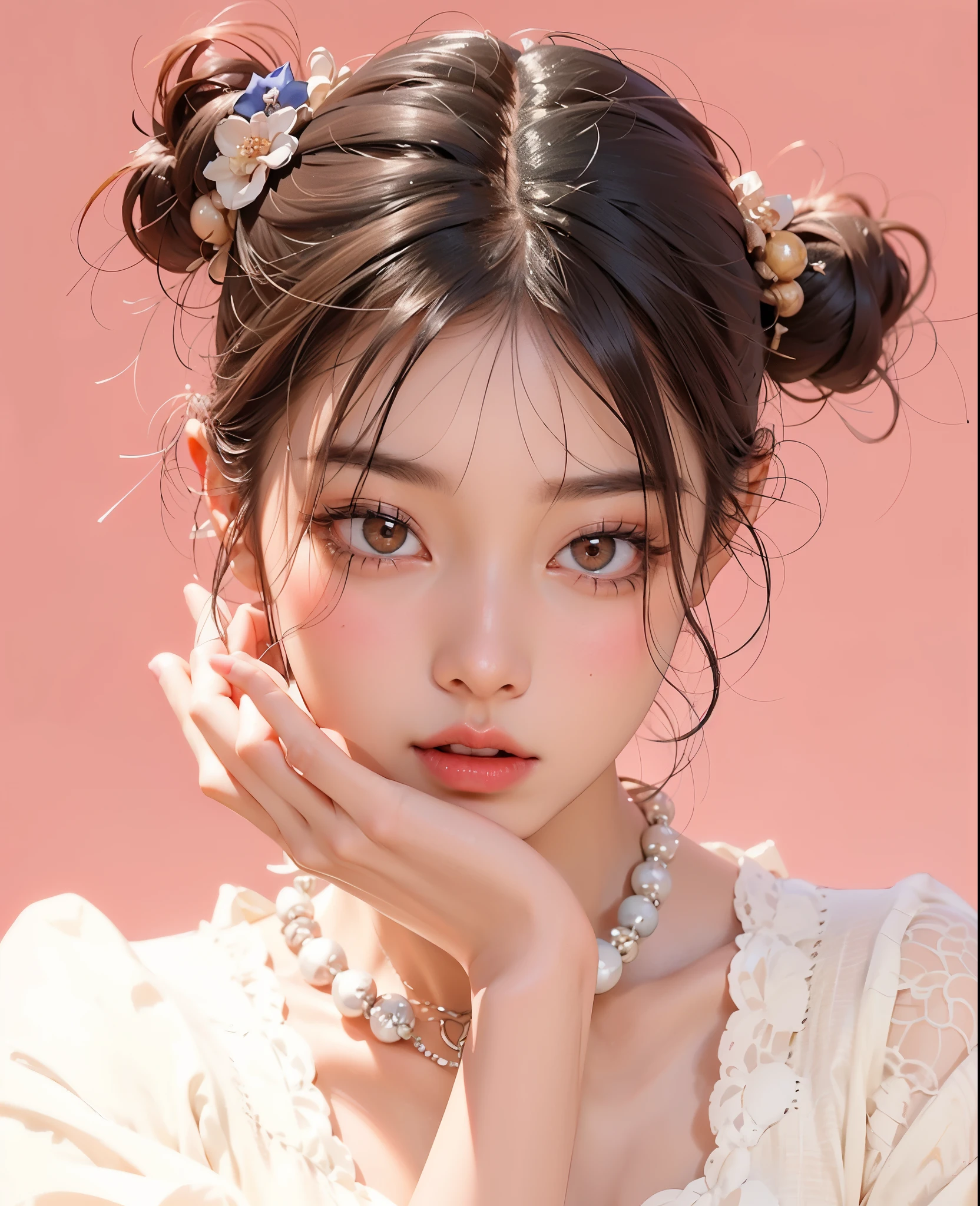a close up of a woman with a necklace and a necklace, popular south korean makeup, popular korean makeup, ulzzang, young adorable korean face, korean girl, wan adorable korean face, jinyoung shin, south east asian with round face, asian features, beautiful young korean woman, yanjun chengt, beautiful south korean woman, beautiful aesthetic face, korean face features
