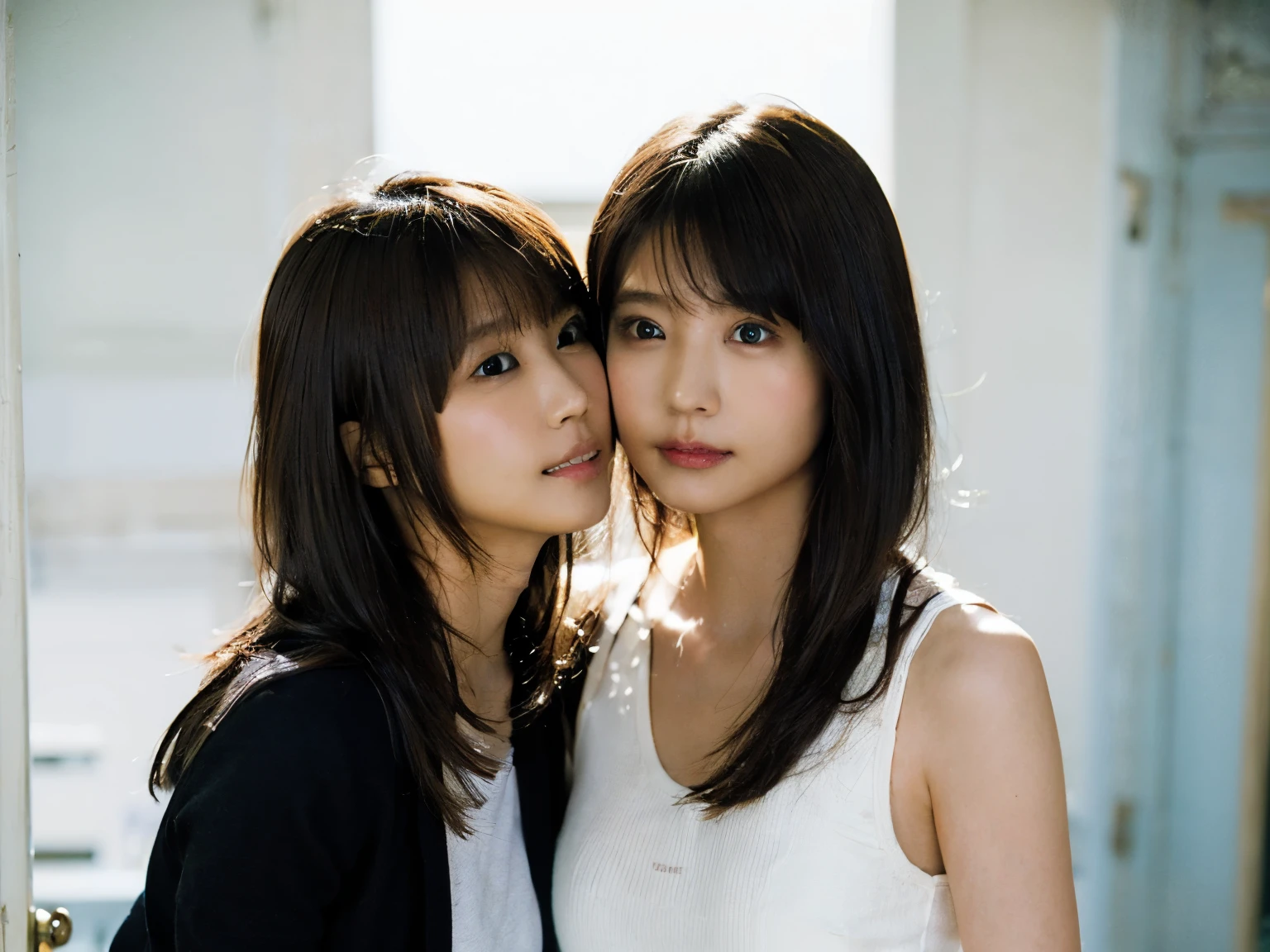 (8K、Raw photo、highest quality、masterpiece:1.2)、(realistic、Photoreal:1.37)、super detailed、Super high resolution、beautiful japanese girl、16 years old、Identical twin sisters passionately French kissing、see the beholder、beautiful and detailed face、laughter、narrow、(slim waist) :1.3)、Tank top、Beautiful and smooth skin、skin texture、detailed dark brown eyes、floating hair、professional lighting