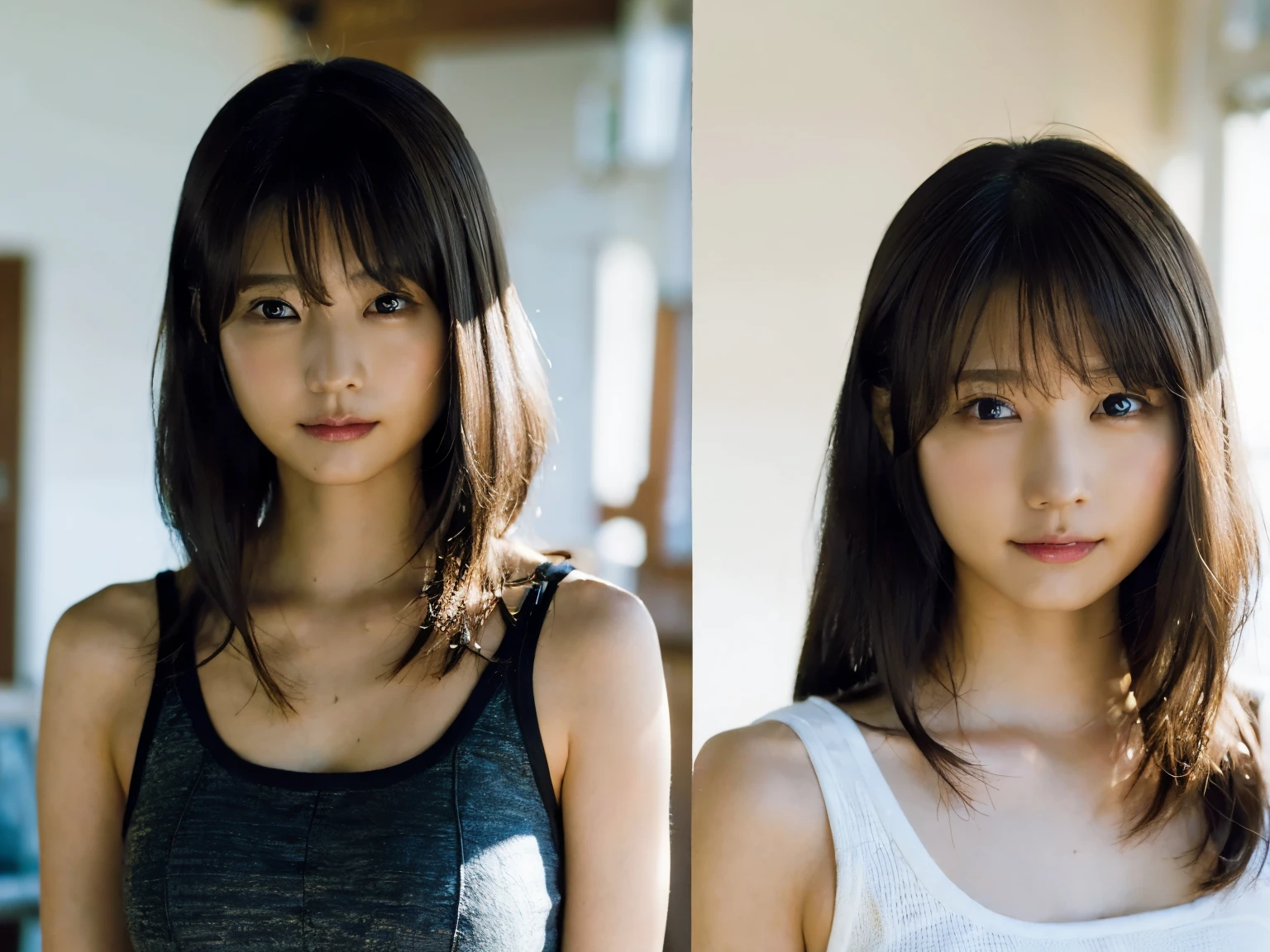 (8K、Raw photo、highest quality、masterpiece:1.2)、(realistic、Photoreal:1.37)、super detailed、Super high resolution、beautiful japanese girl、、Identical twin sisters passionately French kissing、see the beholder、beautiful and detailed face、laughter、narrow、(slim waist) :1.3)、Tank top、Beautiful and smooth skin、skin texture、detailed dark brown eyes、floating hair、professional lighting