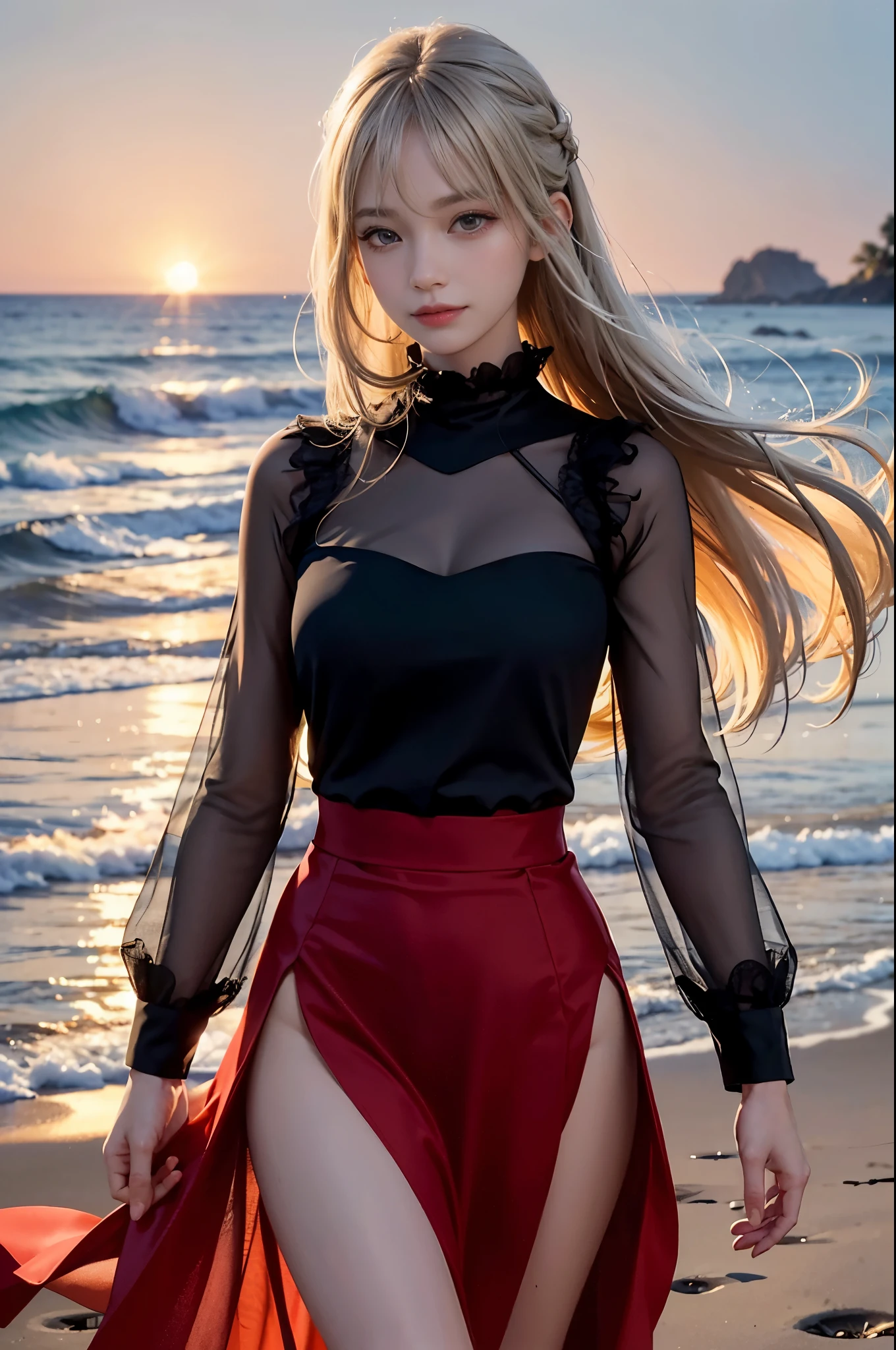 1 girl, blonde hair, gray hair, long hair, bangs, sparkling eyes, long eyelashes, pupils shine, compensate, smile, Depth of bounds written, from below, silhouette, from behind, wide shot, f/1.4, 135mm, canon, nffsw, retina, Accurate, anatomically correct, rough skin, Super detailed, advanced details, high quality, 最high quality, High resolution, 8K, (Woman walking on the beach at sunset), 逆光のsilhouette, (see-through red dress), ((光を通して体のsilhouetteが見える)), (hair blowing in the wind), (Skirt soars in the wind)