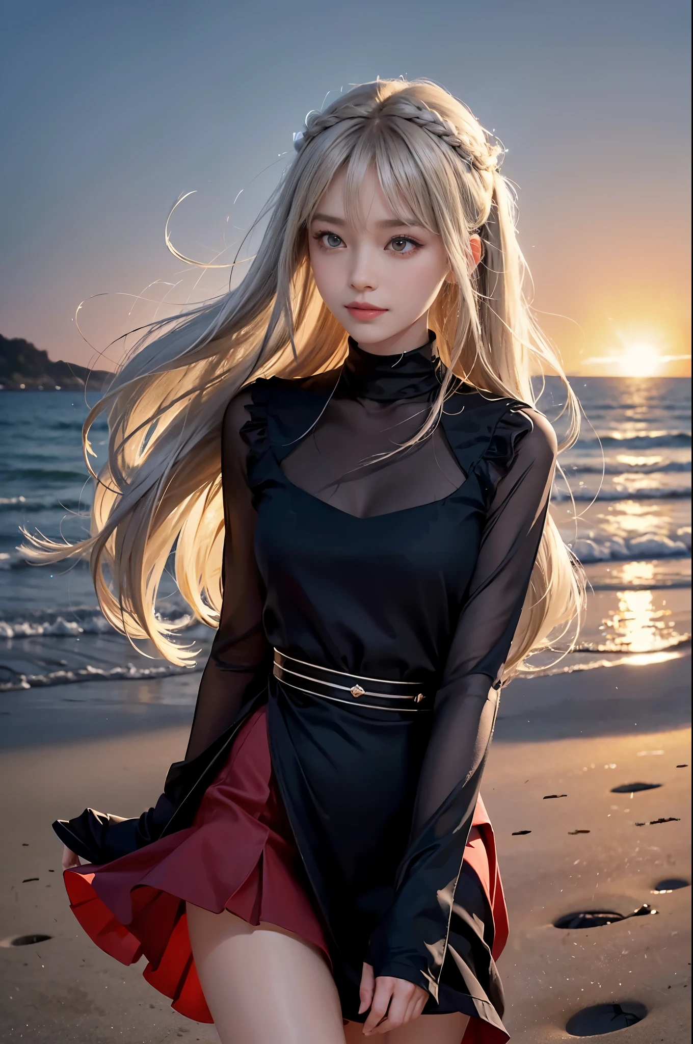 1 girl, blonde hair, gray hair, long hair, bangs, sparkling eyes, long eyelashes, pupils shine, compensate, smile, Depth of bounds written, from below, silhouette, from behind, wide shot, f/1.4, 135mm, canon, nffsw, retina, Accurate, anatomically correct, rough skin, Super detailed, advanced details, high quality, 最high quality, High resolution, 8K, (Woman walking on the beach at sunset), 逆光のsilhouette, (see-through red dress), ((光を通して体のsilhouetteが見える)), (hair blowing in the wind), (Skirt soars in the wind)