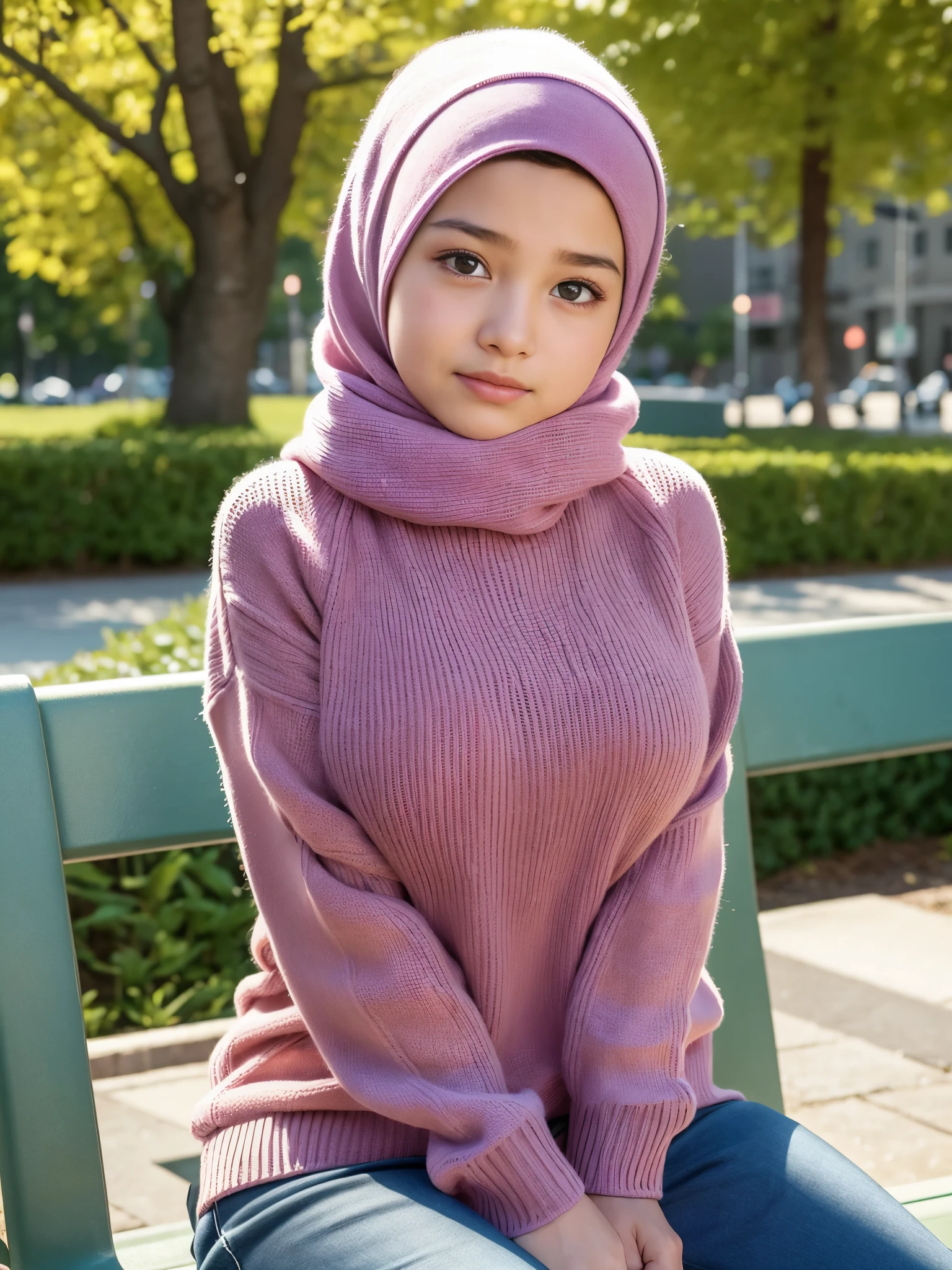 adorable, 1 girl, 10 years old, baby face, modern plain hijab, (shy expression), medium portrait, (face details: 1), (eye details: 1), oily pink lips, adorable smile, ((Big breasts) ). wearing an oversized sweater, ribbed, (big breasts), tight long skirt... standing against a garden wall, garden background, bokeh background, proportional body. Very High Resolution. realistic: 1.4, UHD