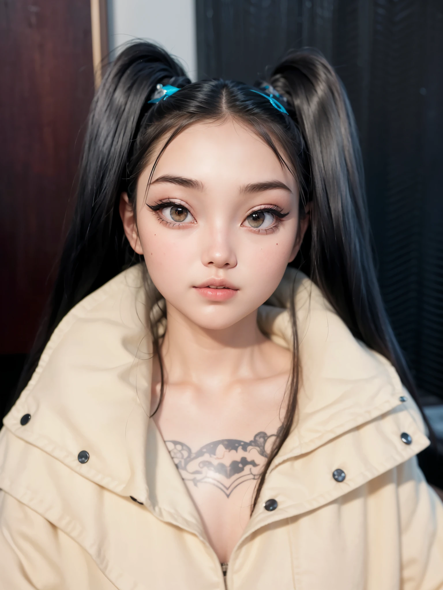 there is a woman with long black hair and a jacket, realistic anime 3 d style, artwork in the style of guweiz, kawaii realistic portrait, anime styled 3d, hyper realistic anime, 3 d anime realistic, realistic artstyle, realistic anime artstyle, hyperrealistic , anime realism style, photorealistic anime girl render, realistic anime art style, (highly detailed face:1.4) (smile:0.7) (background inside dark, moody, private study:1.3) POV, by lee jeffries, nikon d850, film stock photograph ,4 kodak portra 400 ,camera f1.6 lens ,rich colors ,hyper realistic ,lifelike texture, dramatic lighting , cinestill 800