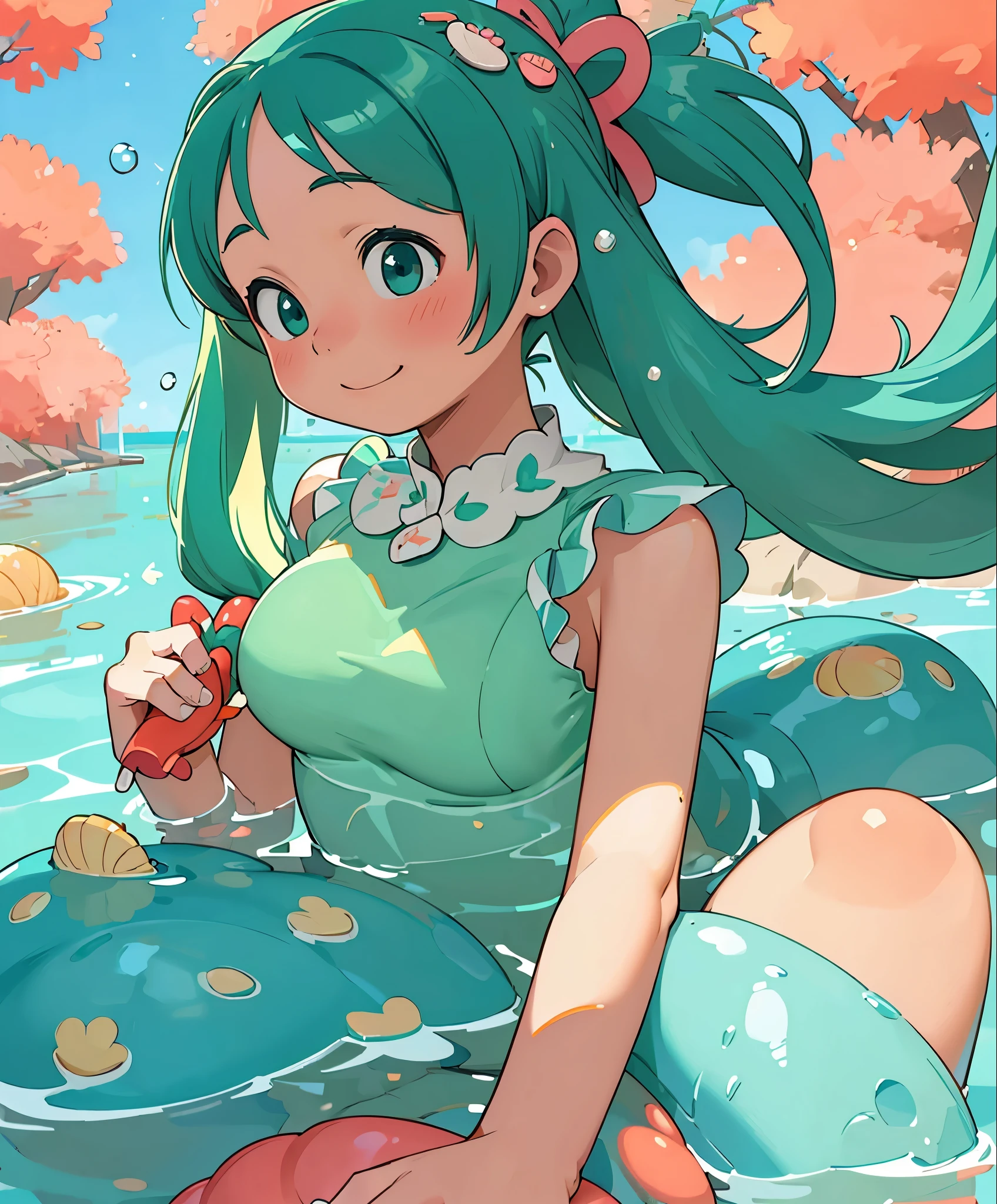 (masterpiece、highest quality、highest quality、official art、beautiful beautiful:1.2)、(1 girl:1.3)Hatsune Miku、big breasts、twin tails、adorable smile、very detailed、green long hair anime girl with seashell, in water, coral, Bubble, Happy, clear shot