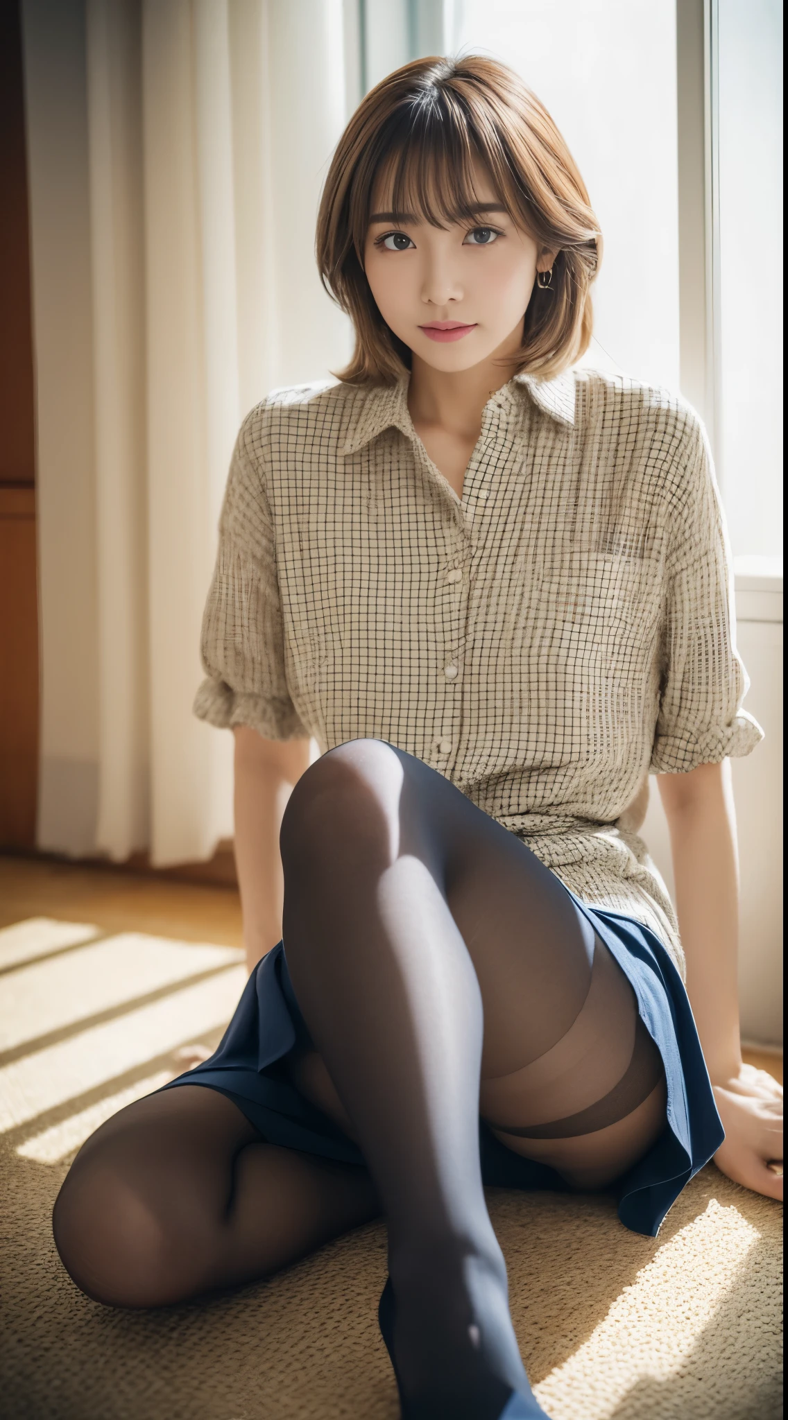 ulzzang-6500-v1.1, (RAW photo:1.2), (Photoreal), (See-through:1.3), (genuine:1.4), (super realistic pantyhose:1.2), skirt and thighs、game_nffsw, beautiful japanese woman, nice perfect face with soft skin, Small face with rose-like nose and lips, beautiful eyes, Beautiful smile. black, thin, length, Beautiful hair wrapped beautifully, fantastic shine. Gradient highlight greige layer loose fluffy medium hairstyle, Navy band collar shirt x houndstooth yellow flared skirt, sitting on the floor、expression of embarrassment、Bright neon colorful background, ultra-realistic female photos, high quality, A masterpiece of high-resolution 8K, realistic skin texture、shiny skin、exposed thighs!!!
