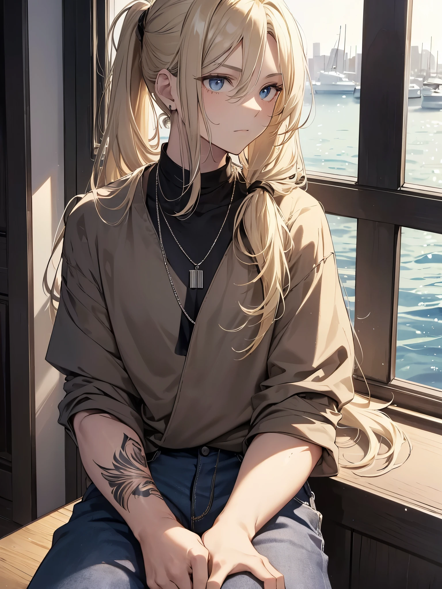 Pretty blonde boy，Long hair tied into a low ponytail，Neutral in appearance，Wear a black shirt，There are a lot of tattoos on the arms，Gentle expression，masterpiece，best quality，A soft-looking man，Wear baggy black jeans，Silver necklace hanging around the neck，sitting in yacht，Outside the window is the sea
