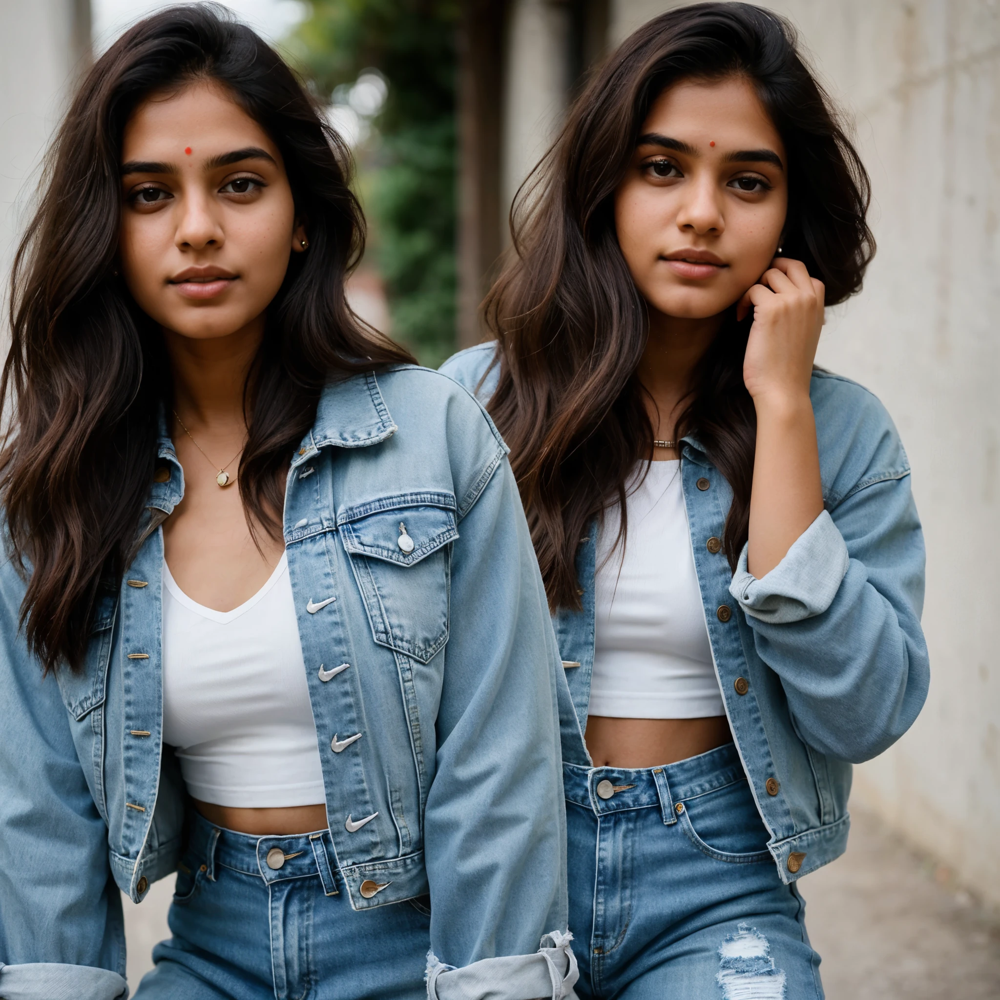 indian girl, age 22 years old, full body, head to toe, rule of thirds, dramatic lighting, long brown hair, little red spots on face, detailed nose, detailed hands, detailed eyes, thick legs, woman wearing crop top with denim jacket, Nike shoes, model pose, smirk, small butterfly tattoo on neck, college background, realism, realistic, raw, analog, woman, portrait, photorealistic, analog, realism, (hair dress)