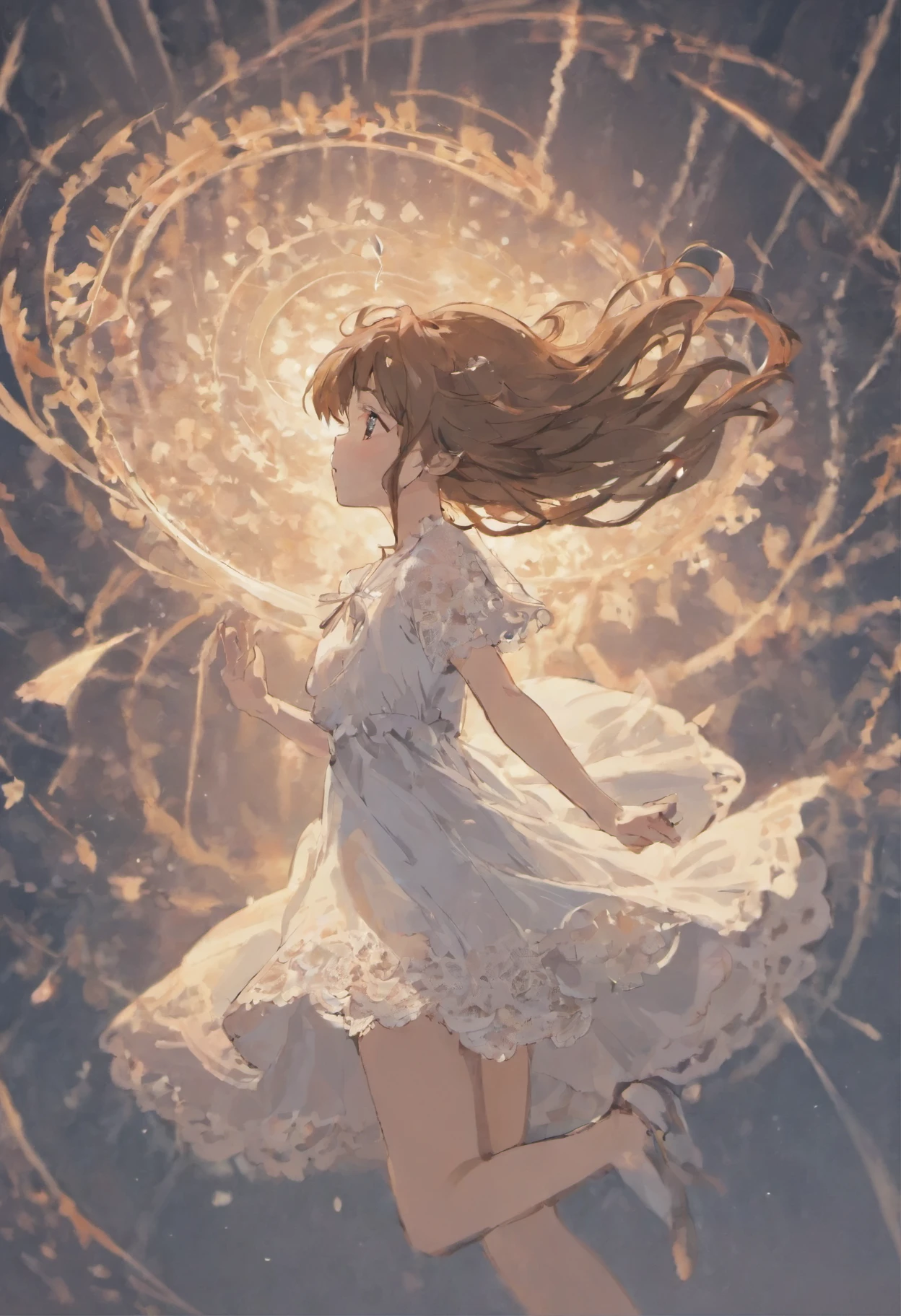 A girl with long brown hair blowing in the wind and she is wearing a short white dress with lace and bows