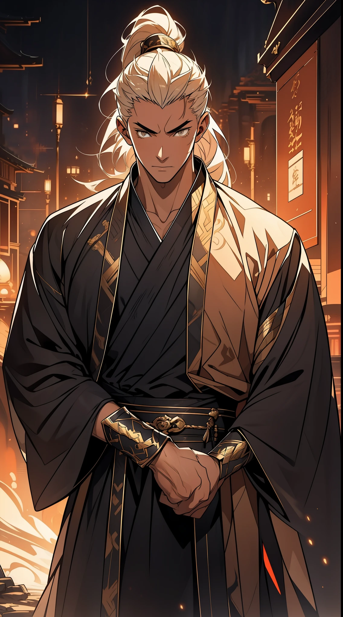 Two dimensions，anime style，one person（male warrior），proportions are correct，facial details，swordsman，high ponytail hairstyle，neck detail，Have an Adam&#39;s apple，Black and gold robe，joke，Black and gold robe，clothing details，Hand over，long sleeves，Game quality，fencing，Ray tracing，Ray tracing，Detailed glow，CG rendering，hair details，Long black and blond hair，Black-gold eyes，Handsome，Handsome，（Youthful feeling），Clothing is complicated，Perfect composition，refine，high quality，higher details，many details，Complex background，a sense of atmosphere，