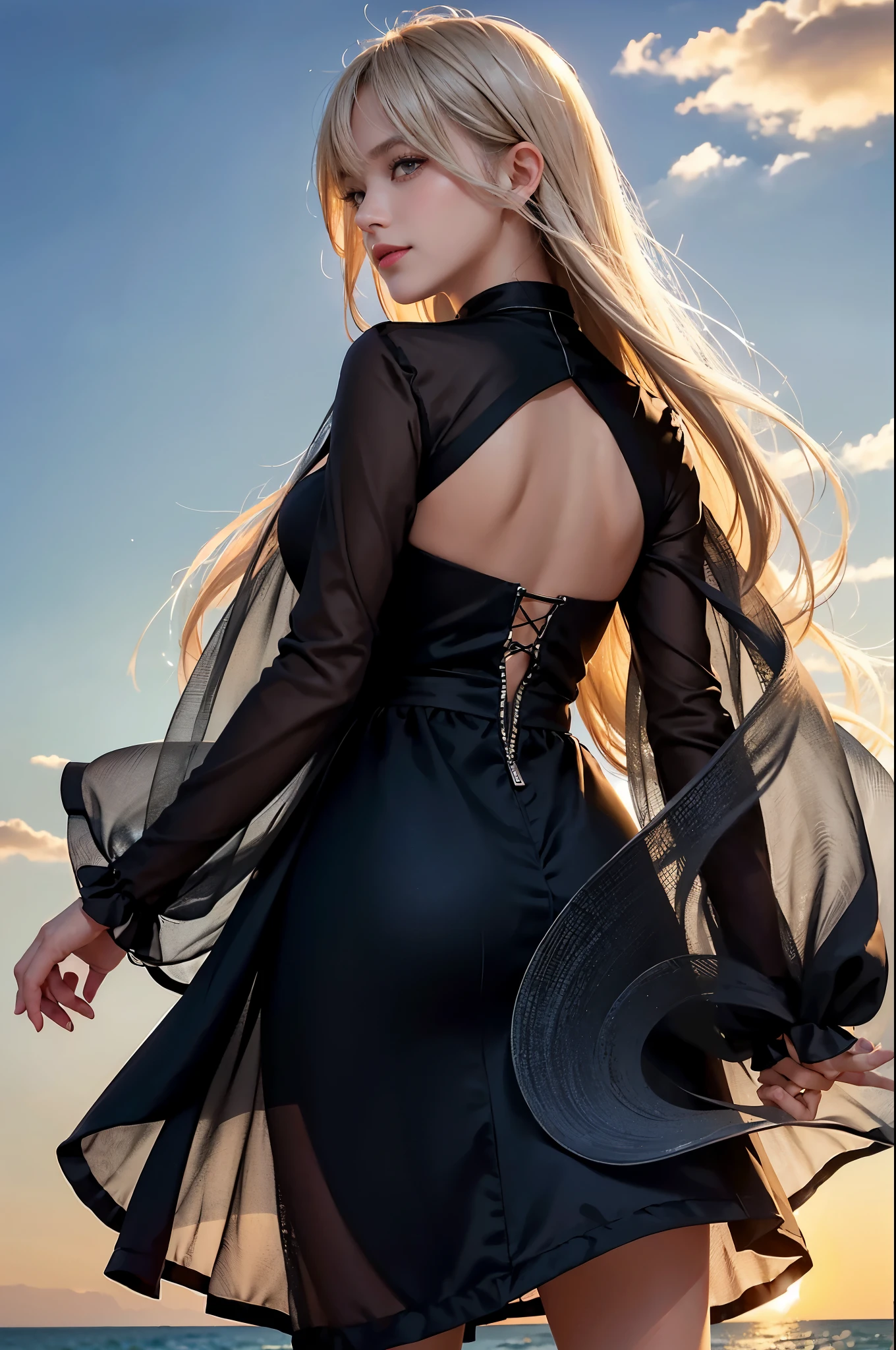 1 girl, blonde hair, gray hair, long hair, bangs, sparkling eyes, long eyelashes, pupils shine, compensate, smile, Depth of bounds written, from below, silhouette, from behind, wide shot, f/1.4, 135mm, canon, nffsw, retina, Accurate, anatomically correct, rough skin, Super detailed, advanced details, high quality, 最high quality, High resolution, 8K, (Woman walking on the beach at sunset), 逆光のsilhouette, (see-through black dress), ((光を通して体のsilhouetteが見える)), (hair blowing in the wind), (Skirt soars in the wind)