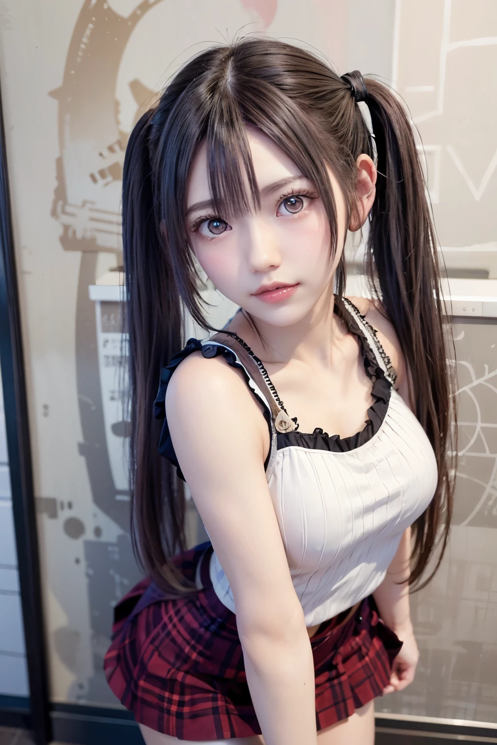 black pigtails, twin tails, trending on cgstation, twin tails hairstyle, beautiful gemini, , Trending on cgstation, wlop and sakimichan, Gwaites style artwork、(((red eyes)))、brown skirt、brown blouse、pantyhose、Muimui、