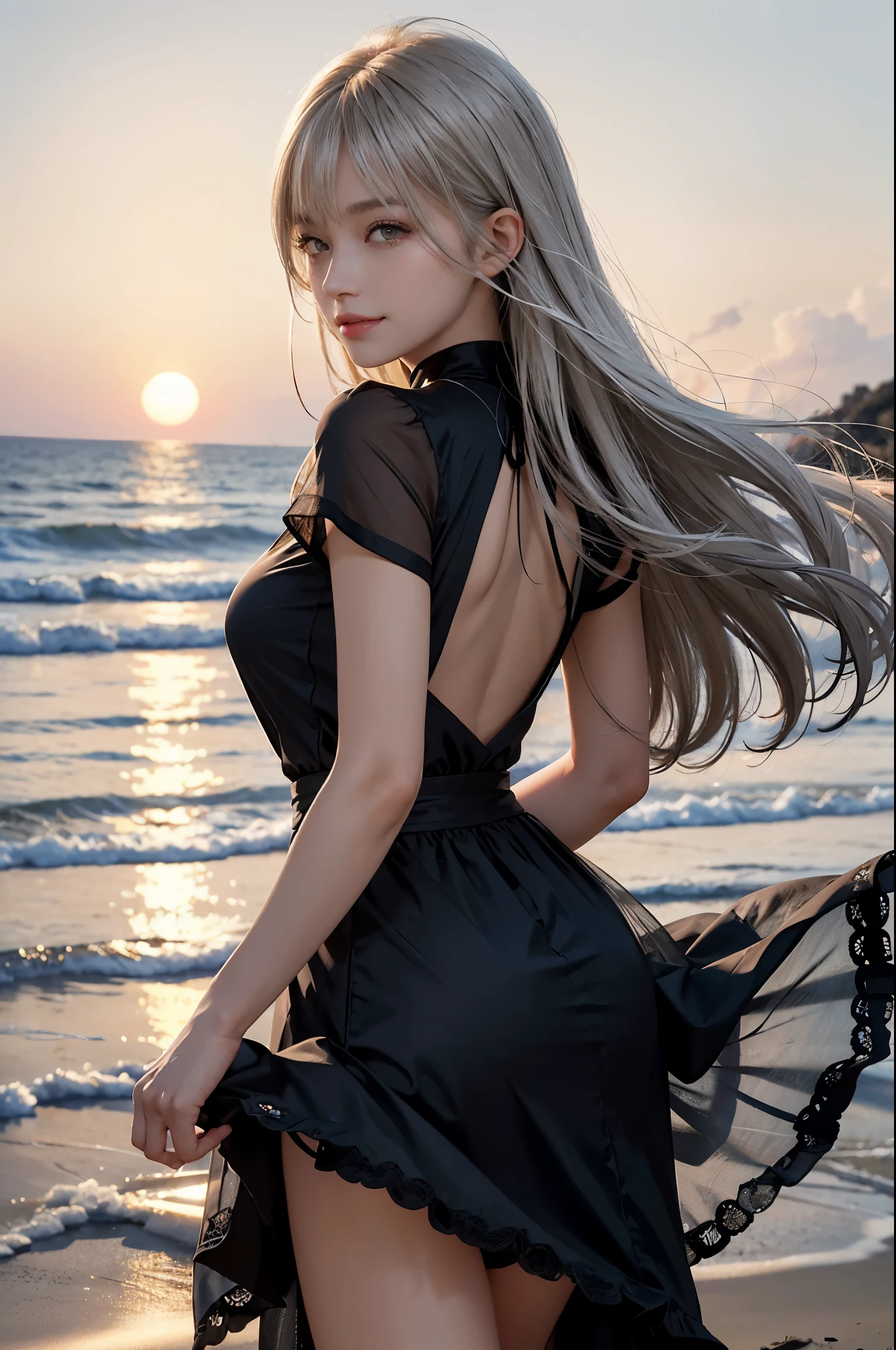1 girl, blonde hair, gray hair, long hair, bangs, sparkling eyes, long eyelashes, pupils shine, compensate, smile, Depth of bounds written, from below, silhouette, from behind, wide shot, f/1.4, 135mm, canon, nffsw, retina, Accurate, anatomically correct, rough skin, Super detailed, advanced details, high quality, 最high quality, High resolution, 8K, (Woman walking on the beach at sunset), 逆光のsilhouette, (see-through black dress), ((光を通して体のsilhouetteが見える)), (hair blowing in the wind), (Skirt soars in the wind)