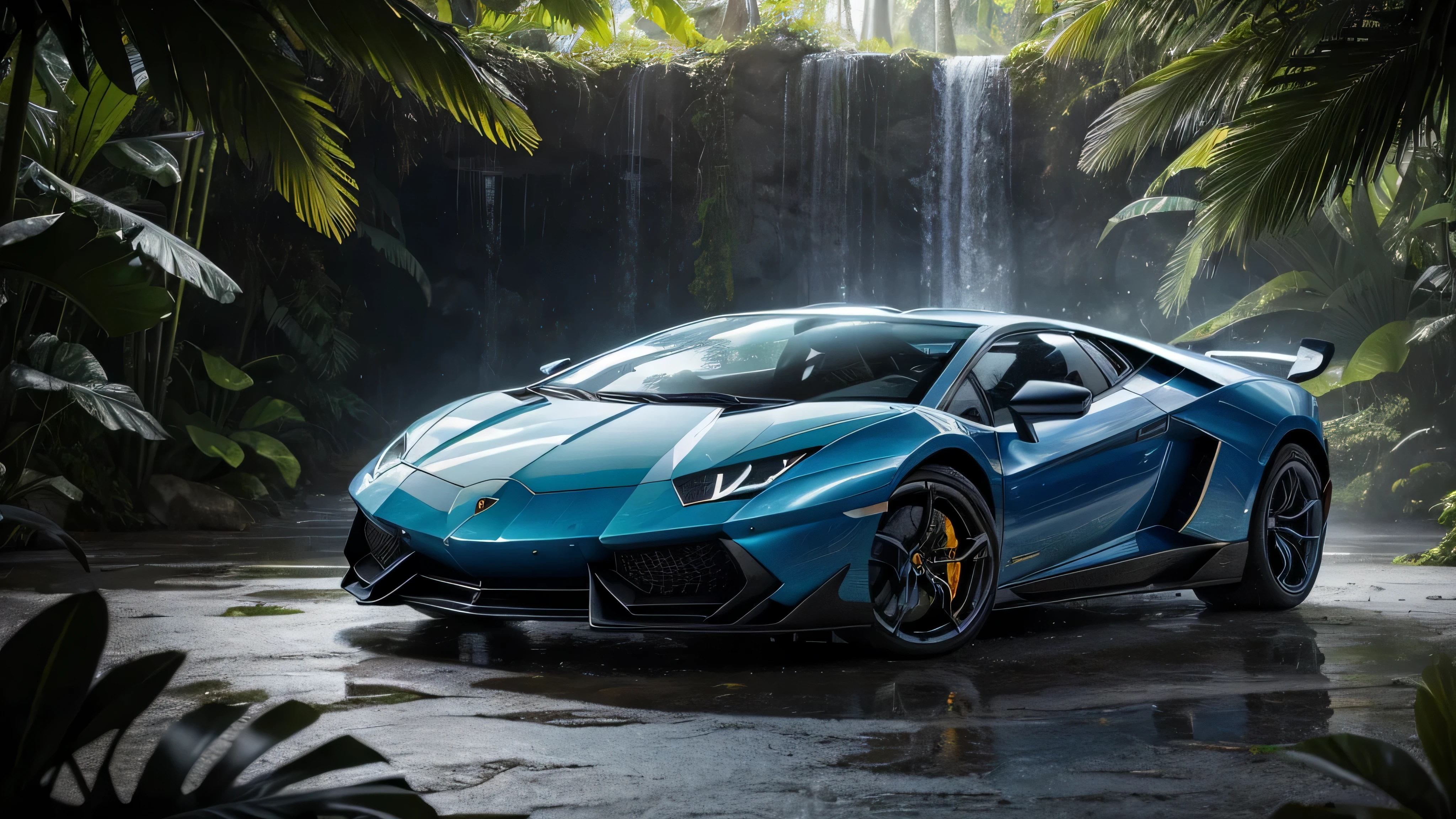 photorealistic, a dazzlingly beautiful Lamborghini in white and blue color stands in the tropical forest, blue Lamborghini stands wet and shines in the sun, many flowers and all kinds of plants, colored liquid flowing, rules of thirds, depth of field, complex parts, Conceptual art, bright colors, futuristic design, attention to detail, grandeur and awe, A stunning visual masterpiece, Fantastic kingdom, hard light, water,