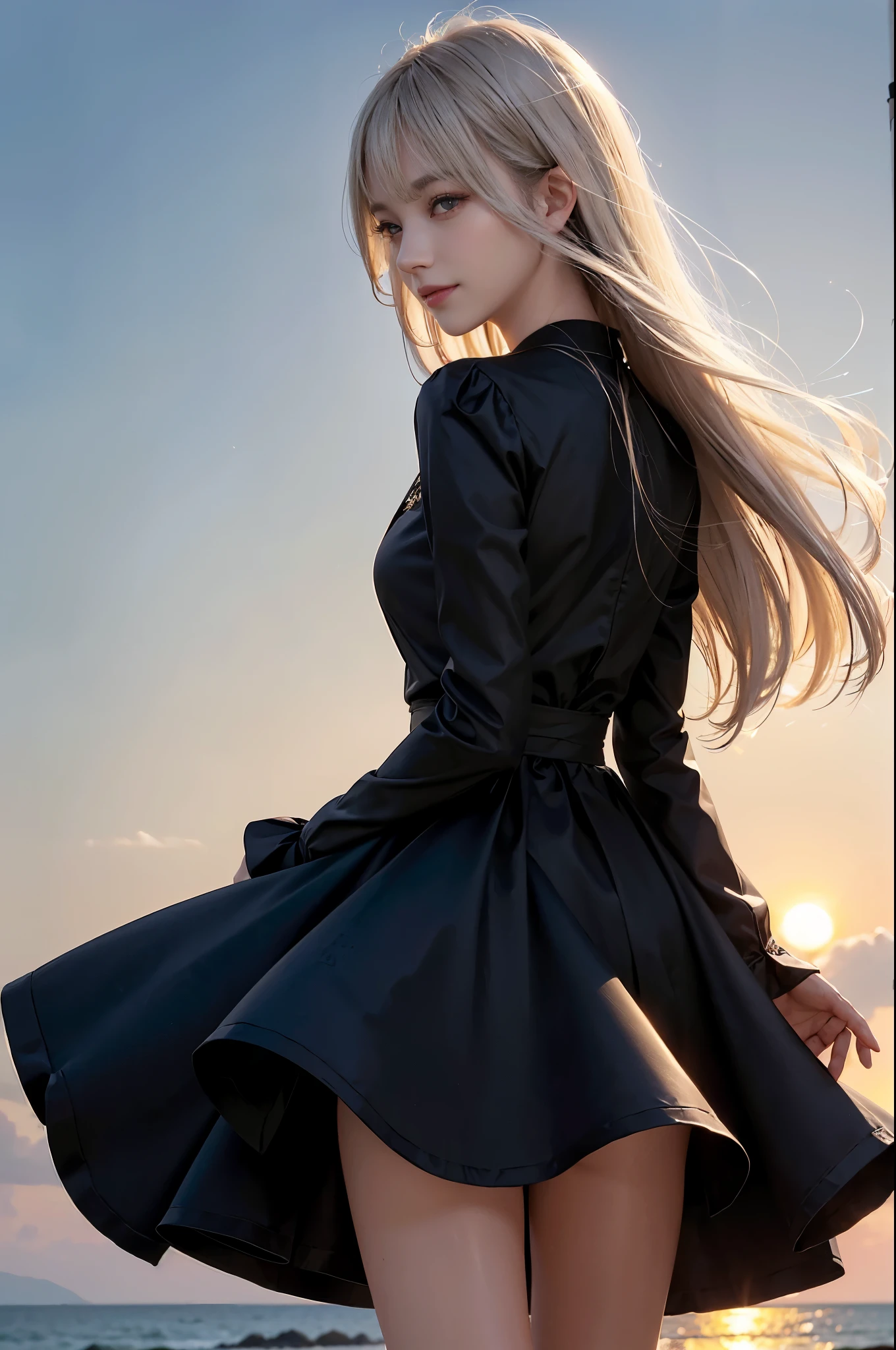 1 girl, blonde hair, gray hair, long hair, bangs, sparkling eyes, long eyelashes, pupils shine, compensate, smile, Depth of bounds written, from below, silhouette, from behind, wide shot, f/1.4, 135mm, canon, nffsw, retina, Accurate, anatomically correct, rough skin, Super detailed, advanced details, high quality, 最high quality, High resolution, 8K, (Woman walking on the beach at sunset), 逆光のsilhouette, (see-through black dress), ((光を通して体のsilhouetteが見える)), (hair blowing in the wind), (Skirt soars in the wind)