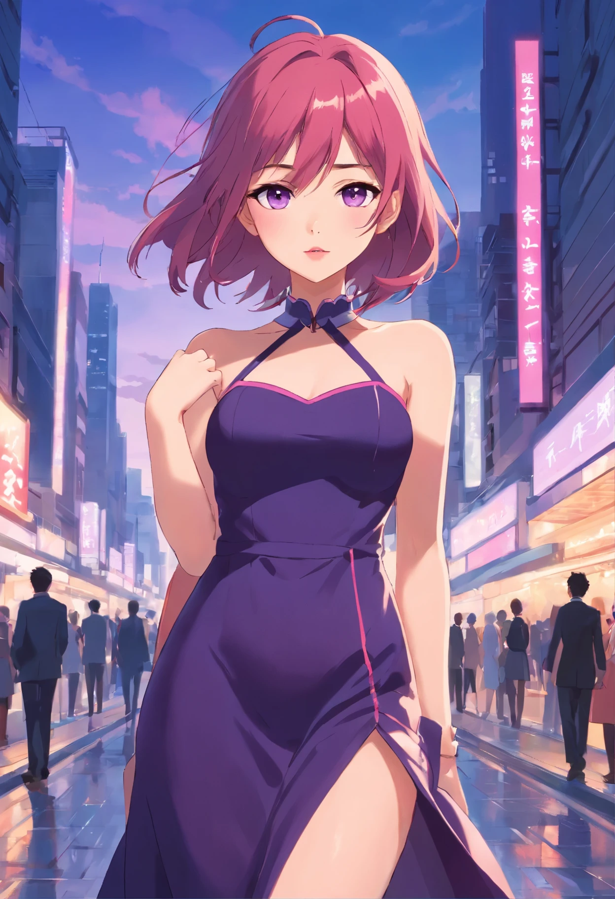Lovely purple eyes with eyeliner and pink lips with really long pestle red hair make her have a hour glass shaped body wearing a short in the front long in the back dress in black Ty