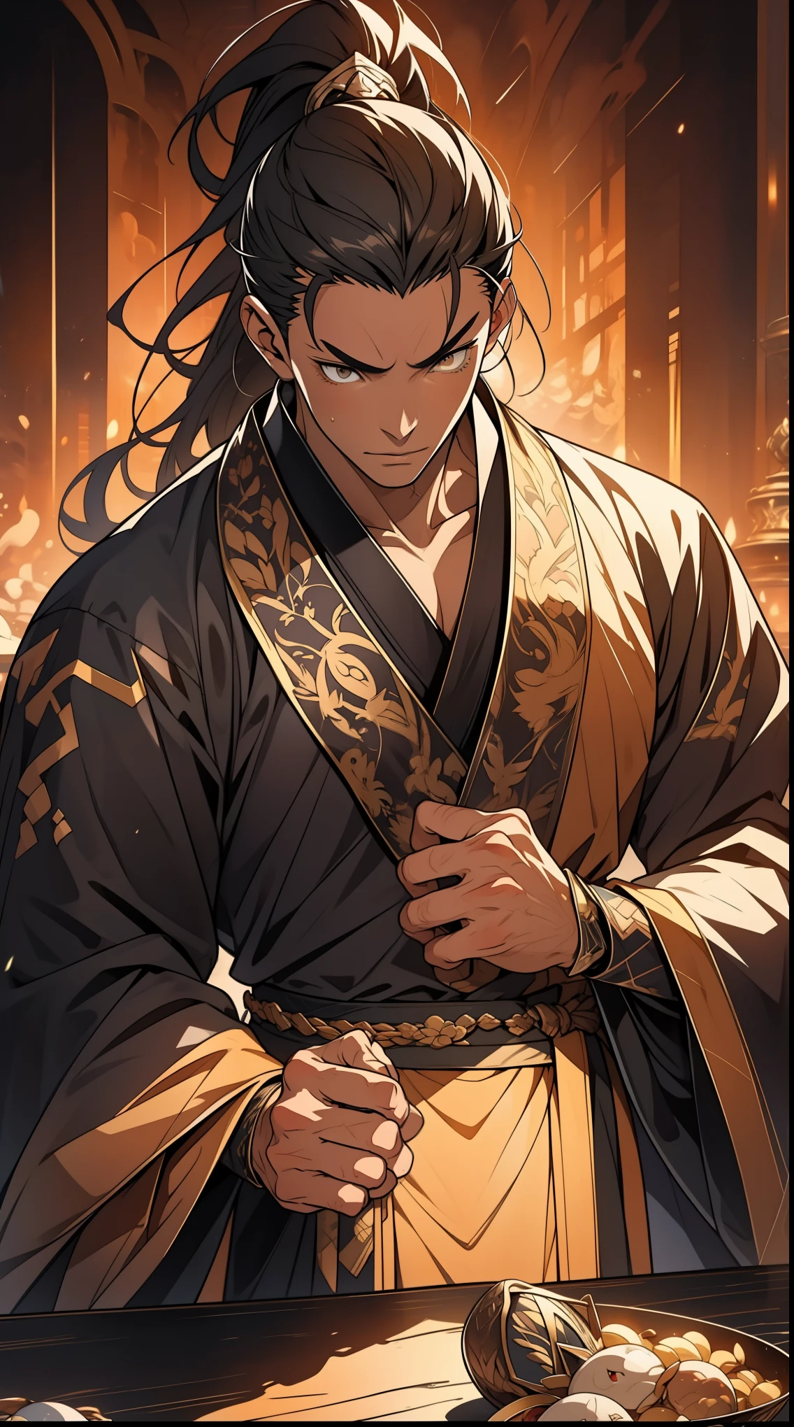 Two dimensions，anime style，one person（male warrior），proportions are correct，facial details，swordsman，high ponytail hairstyle，neck detail，Have an Adam&#39;s apple，Black and gold robe，joke，Black and gold robe，clothing details，Hand over，long sleeves，Game quality，fencing，Ray tracing，Ray tracing，Detailed glow，CG rendering，hair details，Long black and blond hair，Black-gold eyes，Handsome，Handsome，（Youthful feeling），Clothing is complicated，Perfect composition，refine，high quality，higher details，many details，Complex background，a sense of atmosphere，