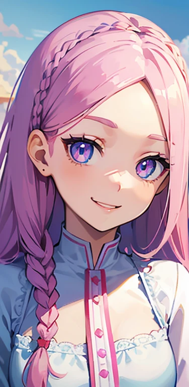 Realistic、1girl、pink hair、blue eyes、(eye focus:1.3,face focus:1.3,upper body:1.5),(gradient eyes:1.3),(blouse)、open mouth,(shy smile:1.3),forehead,braided bangs、cute face,portrait,beach、