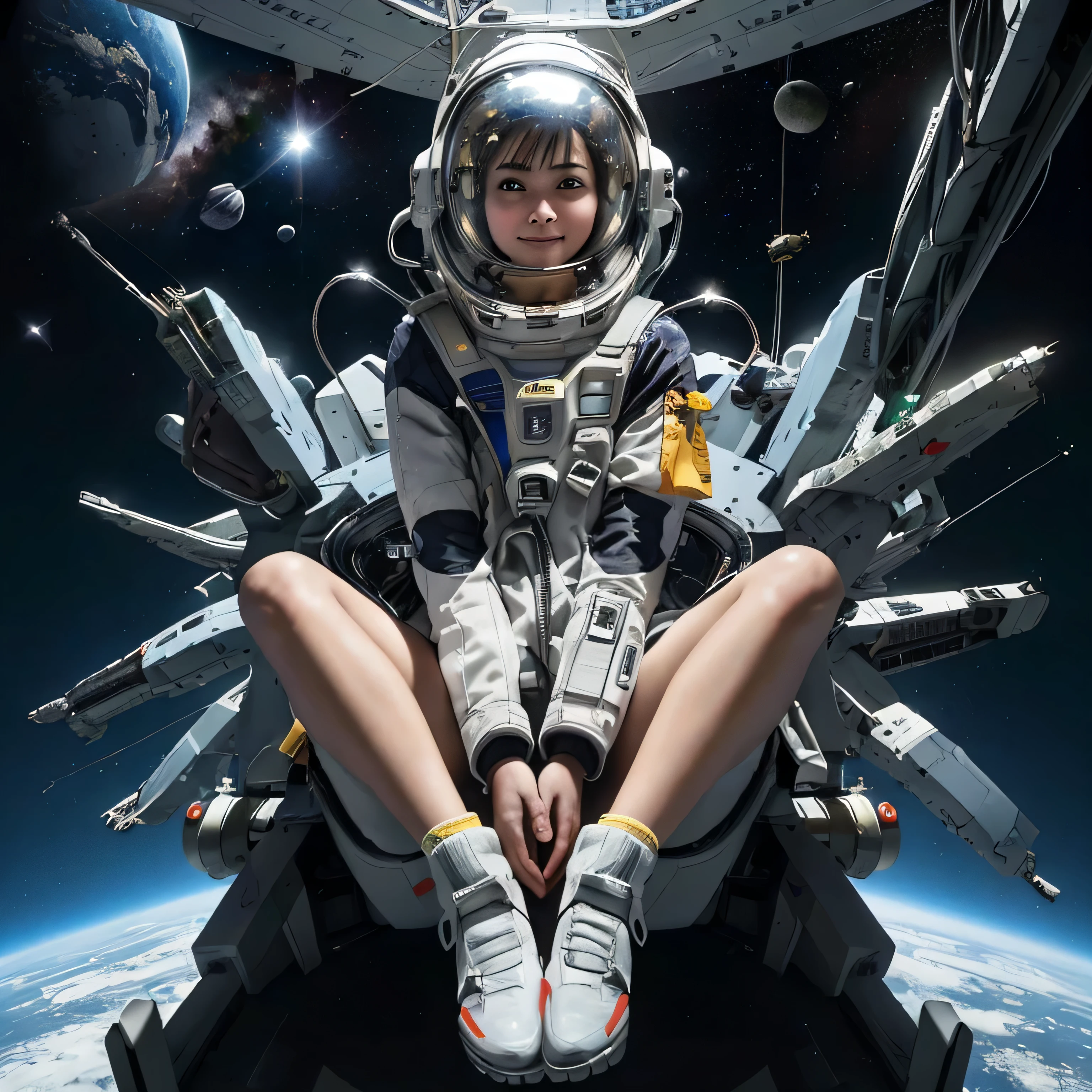 ((RAW image quality:1.4)), ((1 girl,alone))confused, High resolution, Super detailed, (1 girl:1.3), (messy hair,beautiful and detailed eyes,shiny oily skin:1.1),
smile or open your mouse,
Sitting in the cockpit of a spaceship with lots of stars、Many spaceships moving around a huge star, sun, Spacecraft on the Moon Astronauts Robots and Artificial Intelligence Devices Space Helmets Comets Tangled Wires
