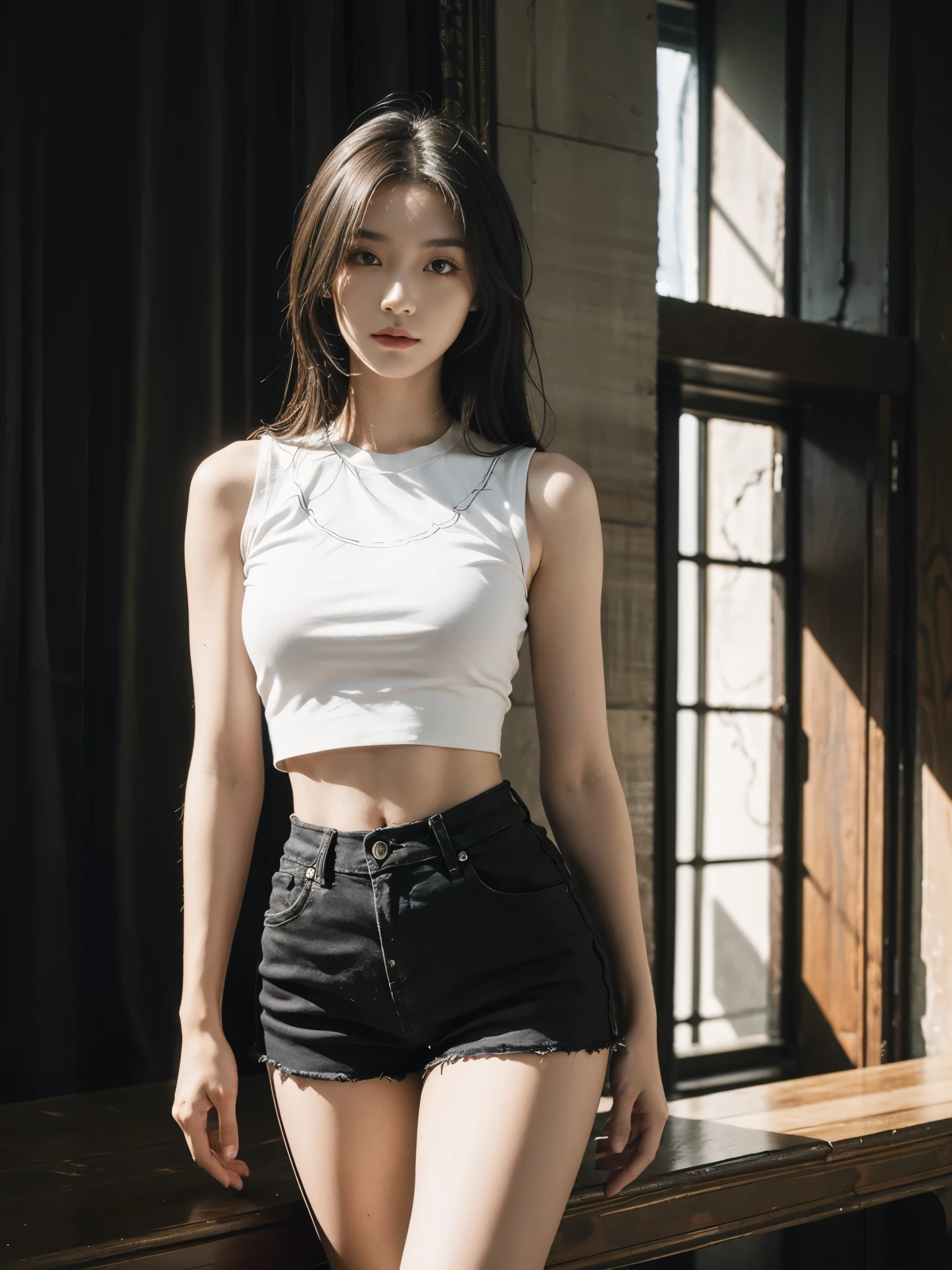 best quality, masterpiece level, intricate details, High-precision graphics, Ultra HD quality, Detailed shadows, wonderful atmosphere, dark background, shadow effect, local light, a beautiful girl, solo performance, The face and eyes are exquisite and detailed, Really fit the skin, black and white contrast scheme, High waist and slim leg lines, With shorts, (Sleeveless T-shirt top, full body demonstration),