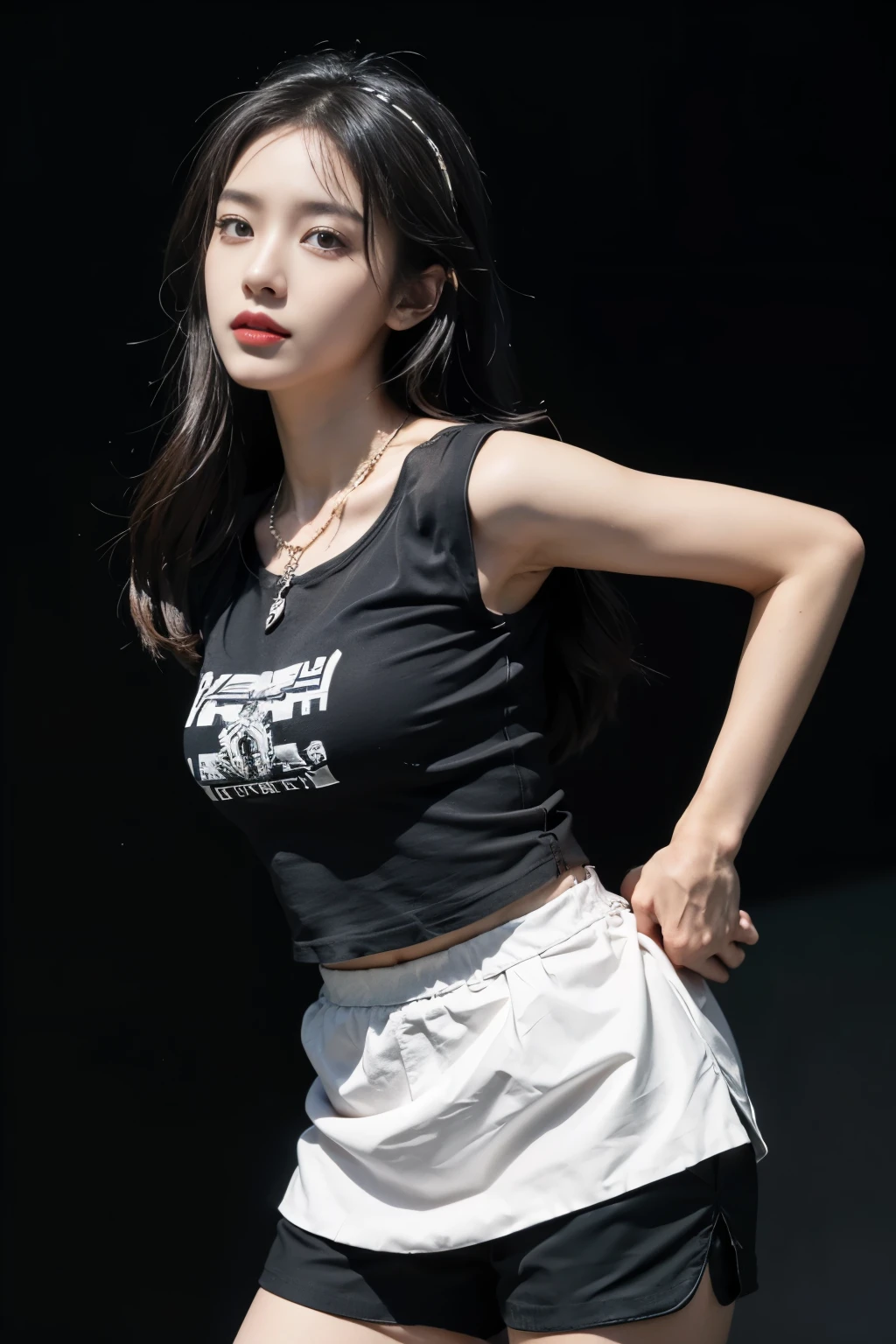 best quality, masterpiece level, intricate details, High-precision graphics, Ultra HD quality, Detailed shadows, wonderful atmosphere, dark background, shadow effect, local light, 1 girl,jewelry,long hair, hair accessories, necklace, skirt, forehead gem, Pants, adult,close up, looking at the audience, cold face, Upper body, Photorealistic,a beautiful girl, solo performance, The face and eyes are exquisite and detailed, Really fit the skin, black and white contrast scheme, High waist and slim leg lines, With shorts, (Sleeveless T-shirt top, full body demonstration),