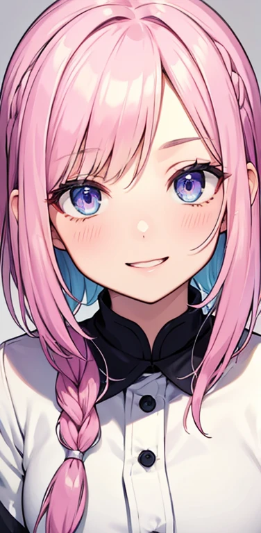 Realistic、1girl、pink hair、blue eyes、(eye focus:1.3,face focus:1.3,upper body:1.5),(gradient eyes:1.3),(blouse)、open mouth,(shy smile:1.3),forehead,braided bangs、cute face,portrait,beach、