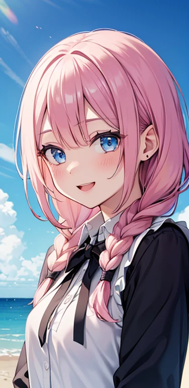Realistic、1girl、pink hair、blue eyes、(eye focus:1.3,face focus:1.3,upper body:1.5),(gradient eyes:1.3),(blouse)、open mouth,(shy smile:1.3),forehead,braided bangs、cute face,portrait,beach、