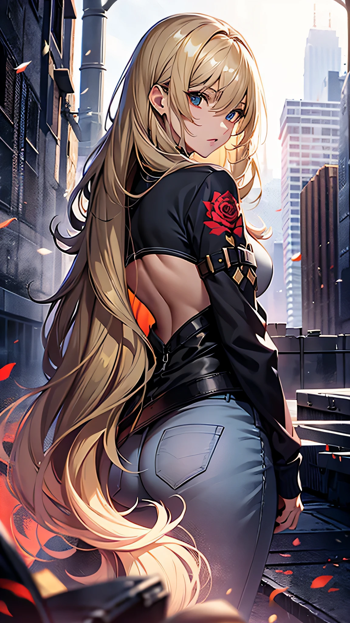 最high quality、best image quality、masterpiece、age girl((20-year-old、 By becoming、vest bust、medium bust,wide open breast tea、black eye, blonde hair、long hair、thin,highest valley、Rear view、topless、big rose tattoo on back、green long pants)),high quality、beautiful art、background((Red smoke))debris flies、Depth of written boundary、movie、visual art、perfect art、8K,genuine