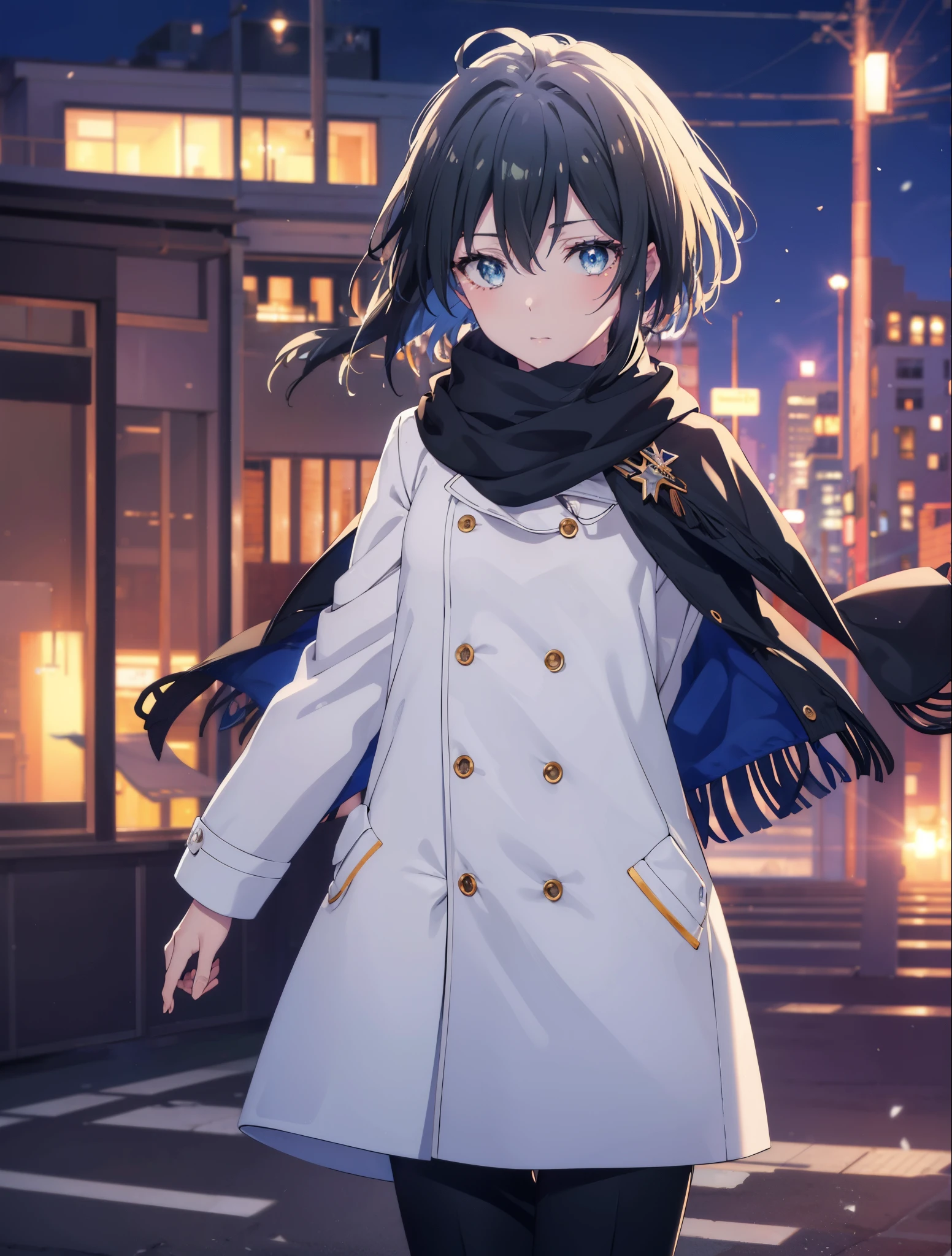 Yukiyuki Yukinoshita, Yukinoshita yukino, black hair, blue eyes, short hair, Ahoge,smile,white long coat,black sweater,scarf,skinny pants,stiletto heels,daytime,winter,
break outdoors, city,building street,
break looking at viewer, whole body,(cowboy shot:1.5),
break (masterpiece:1.2), highest quality, High resolution, unity 8k wallpaper, (shape:0.8), (beautiful and detailed eyes:1.6), highly detailed face, perfect lighting, Very detailed CG, (perfect hands, perfect anatomy),