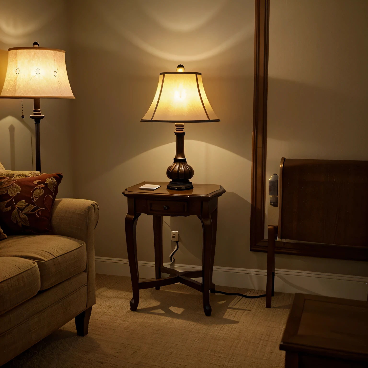 a beautifully decorated table lamp casting a warm glow in the room.