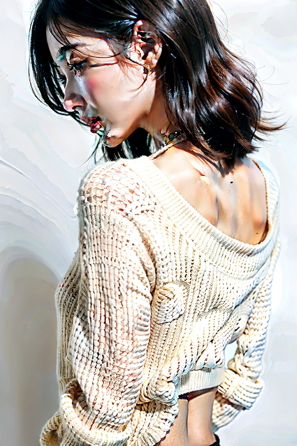 1 girl,sweater,white background,back view