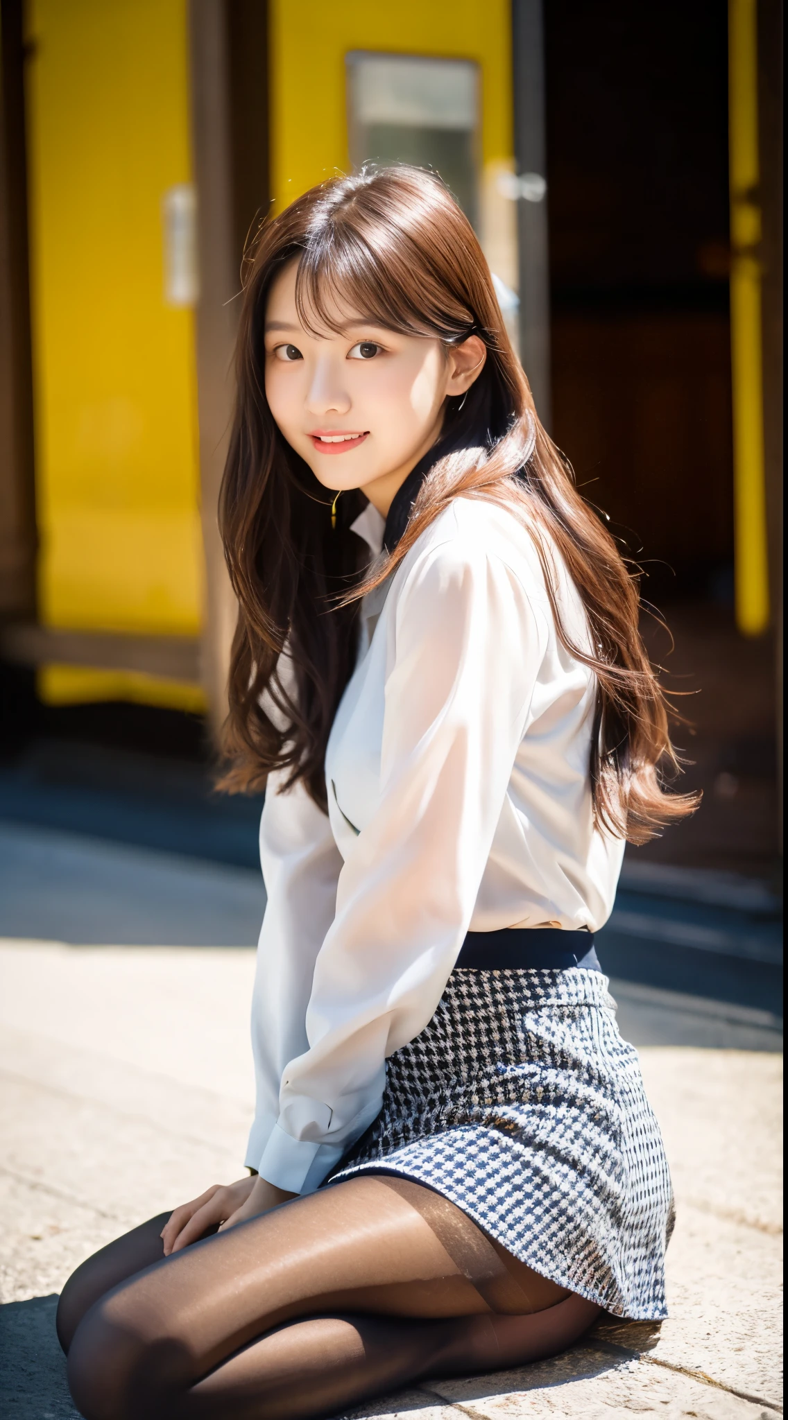 Highly detailed CG Unity 8k wallpaper、Highest quality、Ultra-detailed、masterpiece、Realistic、Photo realistic、One cute girl drawn in great detail、18-year-old、(Skirt rip)、(Roll up the skirt yourself))、White panties、Panty Focus、blush、Lips parted、Looking at the audience、Body Shot、Wearing a ruffled shirt、Town、