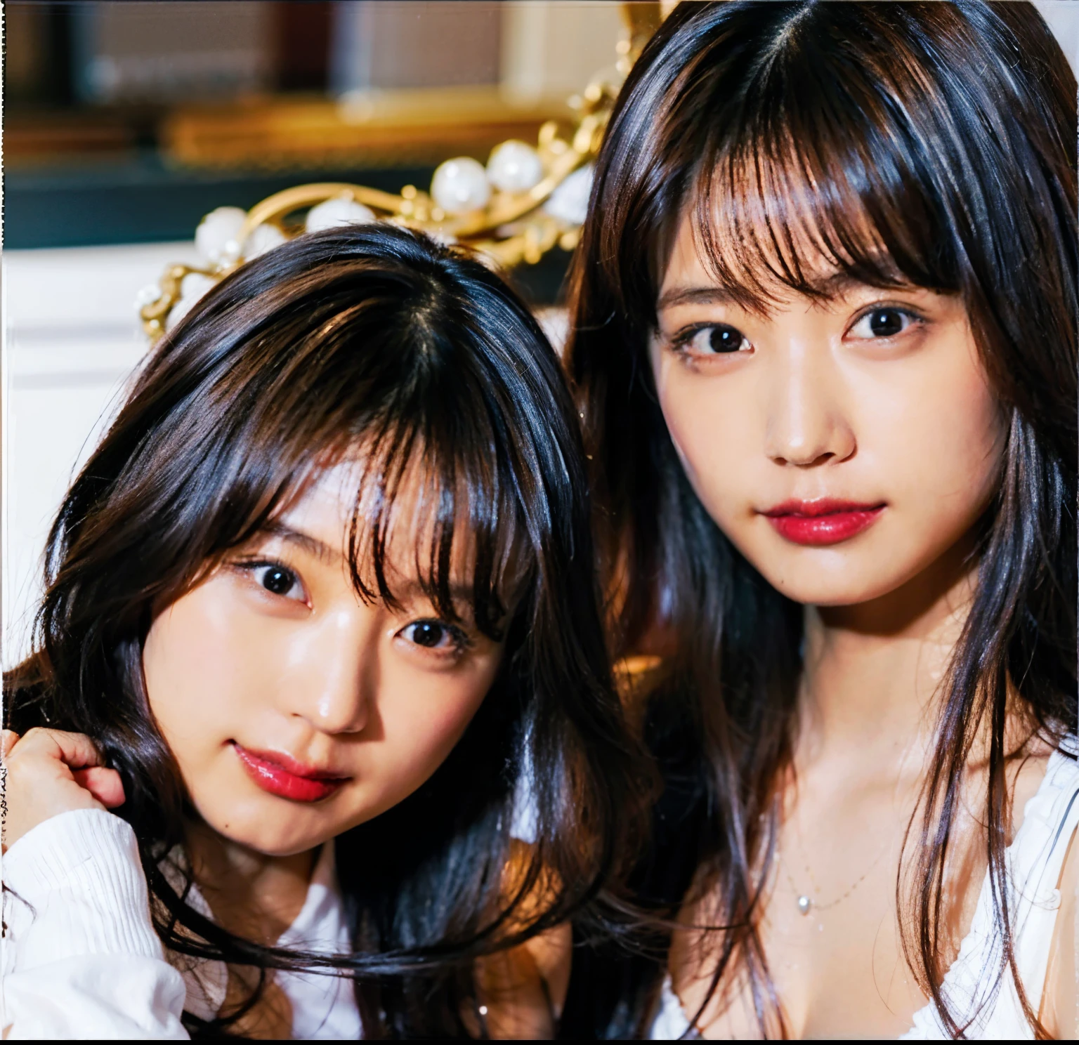 Two women posing for a photo in a dark room, two models in frame, Ulzzang, beautiful gemini, both have red lips, Nixeu y Sakimichan, two girls, beautiful gemini portrait, black and, black pink jenny, beautiful faceの美学, beautiful face, Korean facial features, Asian characteristics, jossi de blackpink