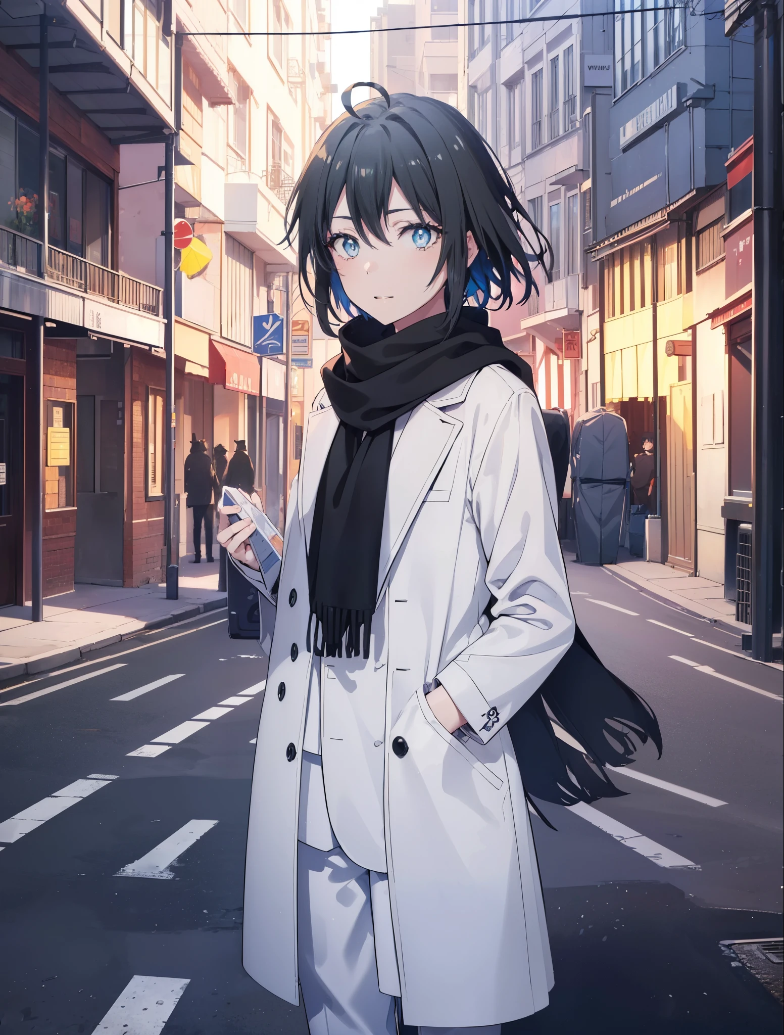 Yukiyuki Yukinoshita, Yukinoshita yukino, black hair, blue eyes, short hair, Ahoge,smile,white long coat,black sweater,scarf,skinny pants,stiletto heels,daytime,winter,
break outdoors, city,building street,
break looking at viewer, whole body,(cowboy shot:1.5),
break (masterpiece:1.2), highest quality, High resolution, unity 8k wallpaper, (shape:0.8), (beautiful and detailed eyes:1.6), highly detailed face, perfect lighting, Very detailed CG, (perfect hands, perfect anatomy),