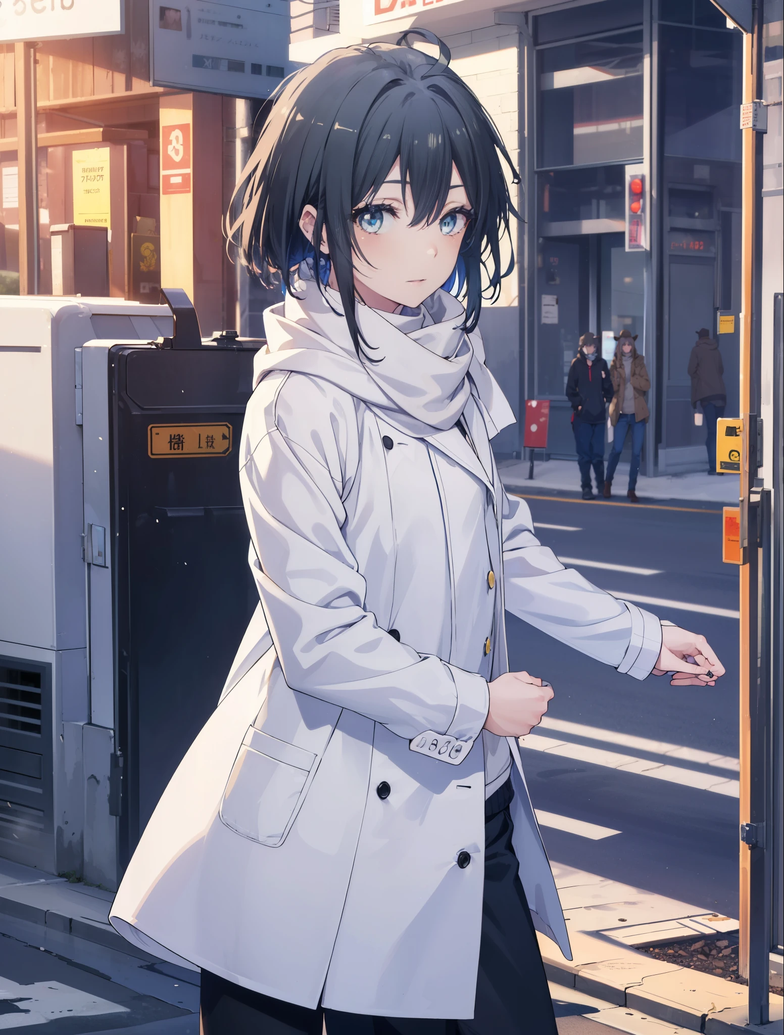Yukiyuki Yukinoshita, Yukinoshita yukino, black hair, blue eyes, short hair, Ahoge,smile,white long coat,black sweater,scarf,skinny pants,stiletto heels,daytime,winter,
break outdoors, city,building street,
break looking at viewer, whole body,(cowboy shot:1.5),
break (masterpiece:1.2), highest quality, High resolution, unity 8k wallpaper, (shape:0.8), (beautiful and detailed eyes:1.6), highly detailed face, perfect lighting, Very detailed CG, (perfect hands, perfect anatomy),