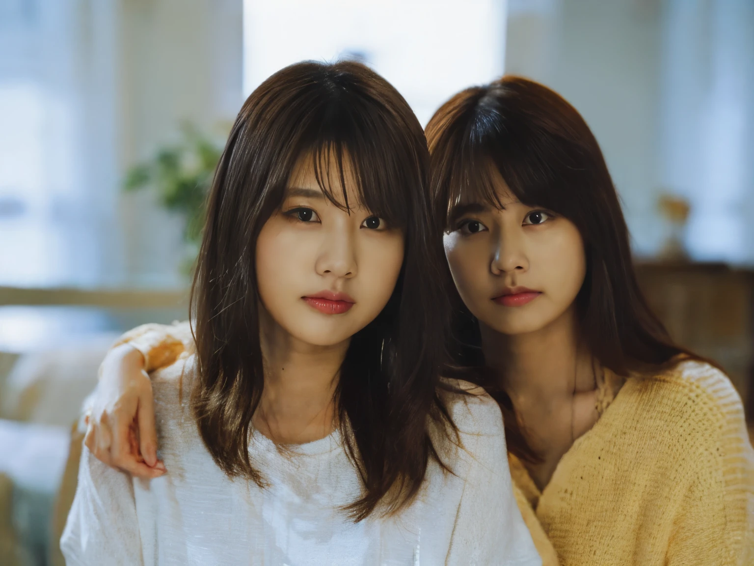 ((highest quality,8K,masterpiece:1.3)),cuties,hide your face,2 girls,beautiful:1.3,thin abs:1.1,plus size men's shirts(loose:1.4)exposed,full,long black hair,(knees on the bed),super detailed face,highly detailed lips,fine eyes,double eyelid,strict head-to-body ratio:1.5,