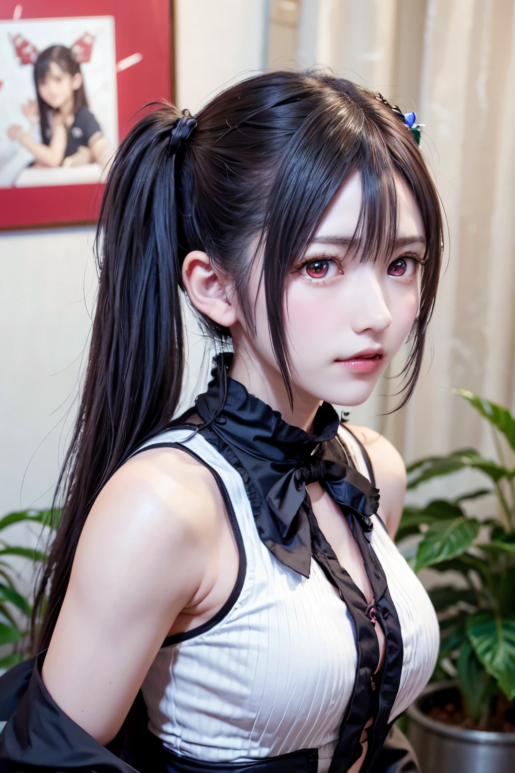 Araffe girl with long black hair and a white top - SeaArt AI