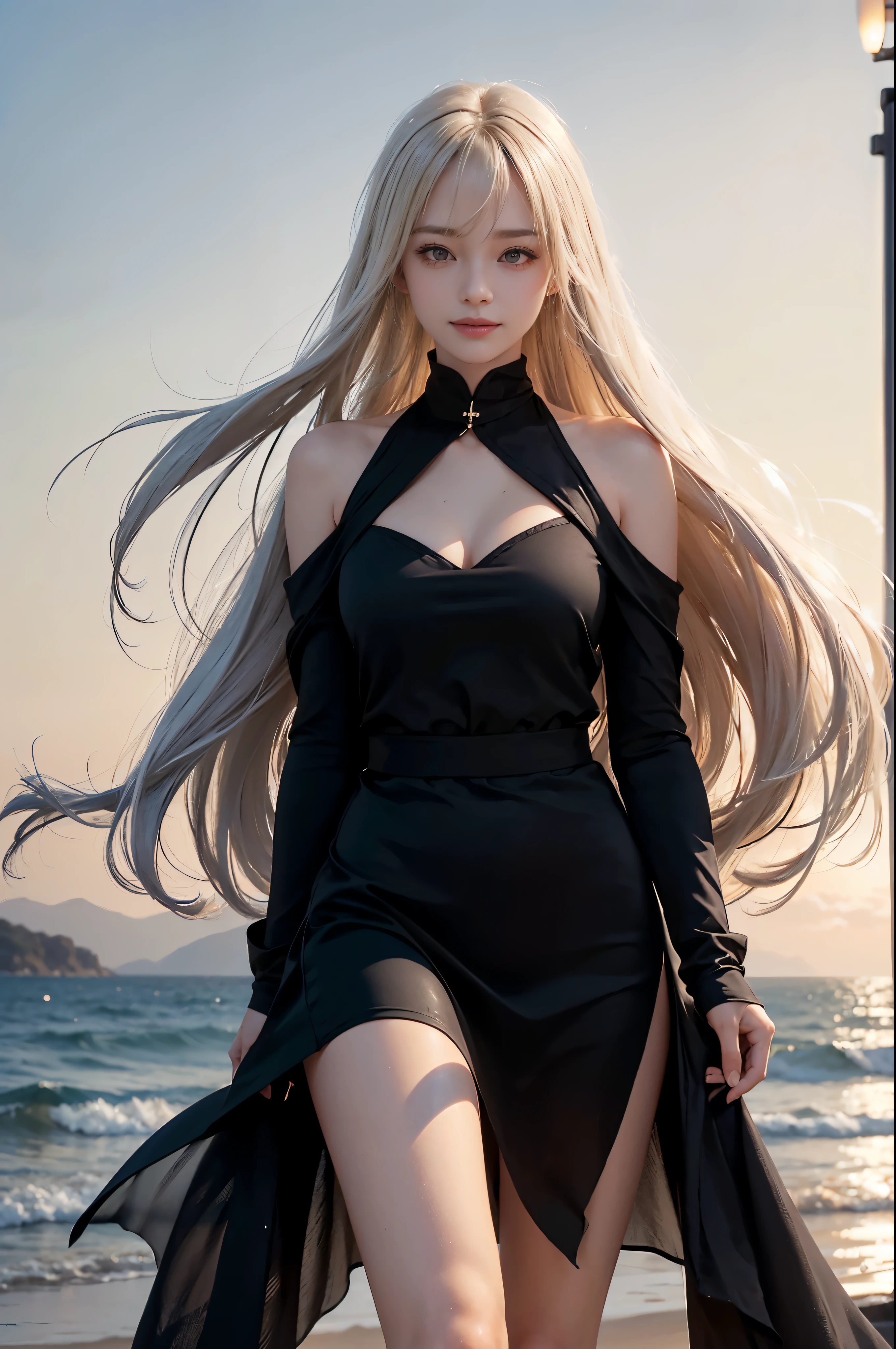 1 girl, blonde hair, gray hair, long hair, bangs, sparkling eyes, long eyelashes, eyes shine, compensate, smile, written boundary depth, from below, silhouette, from behind, wide shot, f/1.4, 135mm, canon, nffsw, retina, Accurate, anatomically correct, rough skin, Super detailed, advanced details, high quality, 最high quality, High resolution, 8K, (Woman walking on the beach at sunset), 逆光のsilhouette, (see-through red dress), ((光を通して体のsilhouetteが見える)), (hair blowing in the wind), (My skirt flies up in the wind)
