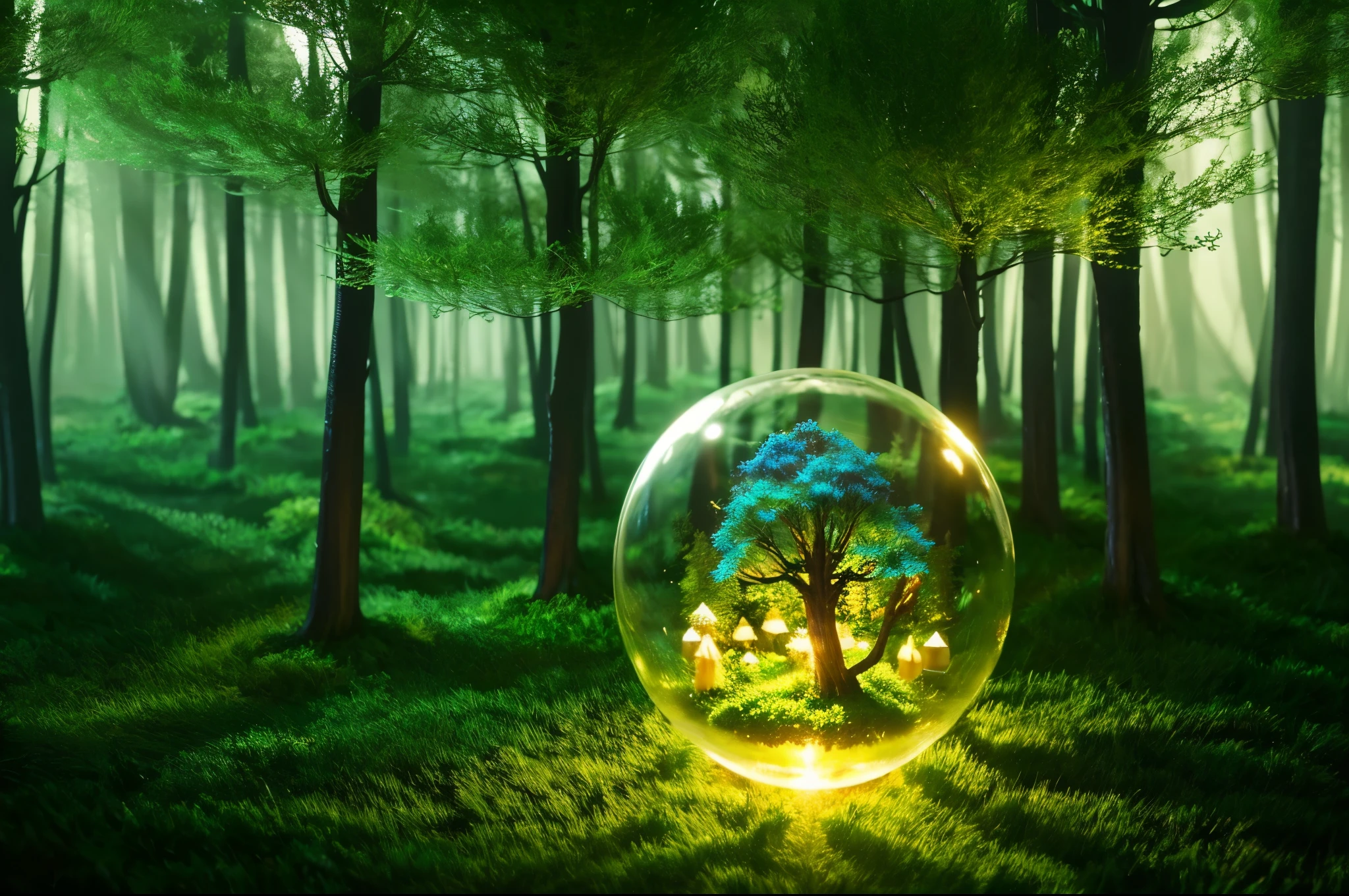 there is a glass ball with a picture of a forest inside, fantasy forest landscape, tree of life inside the ball, magical forest background, fantasy forest background, fantasy forest landscape at day, fantasy forrest background, miniature forest, mystical forest background, in picturesque forest diorama, magical environment, fantastic background landscape, nature landscape, 3d render digital art, bokeh forest background