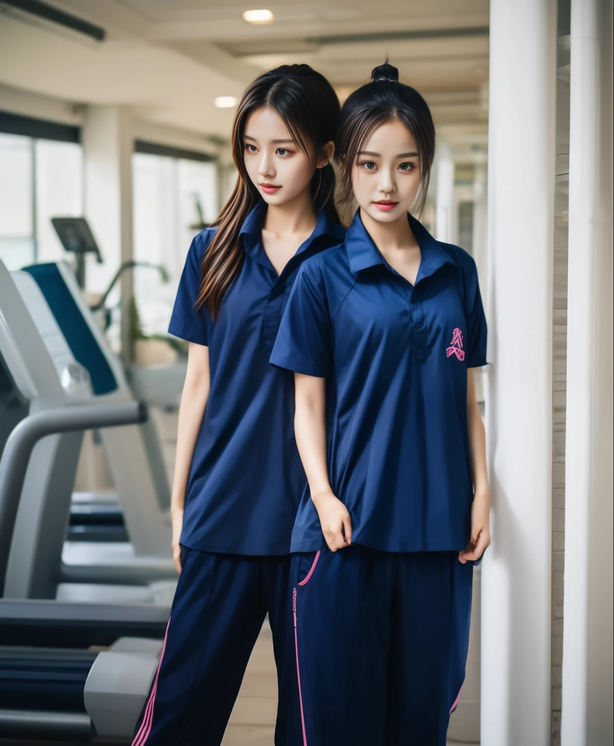3 girls in fitness center, Navy blue short-sleeved shirt,Navy Long Trackpant,Sweatpants, Sweatpantsขายาว,25 year old girl, lesbian, sexy, exercise clothes, wet body, exercise clothes