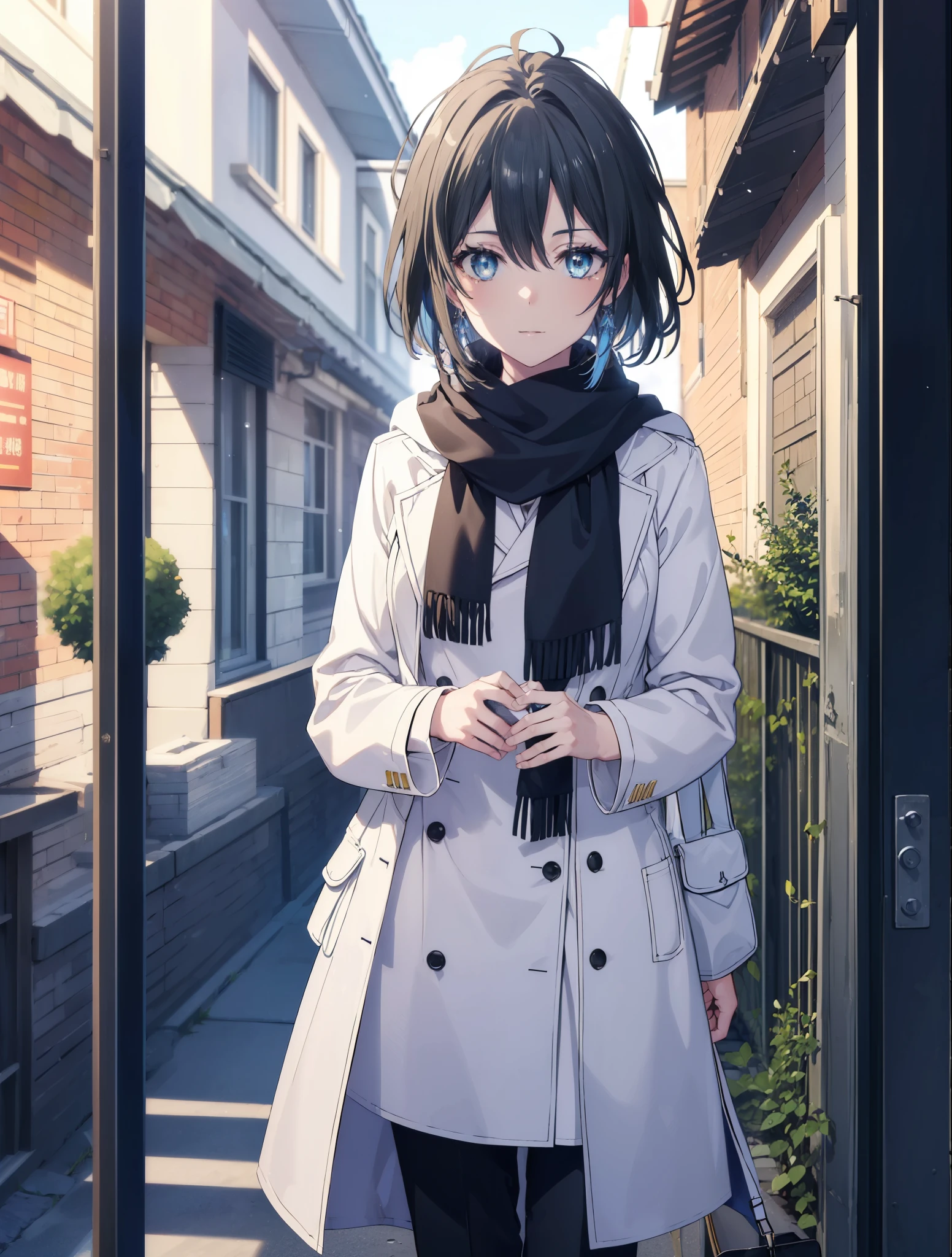 Yukiyuki Yukinoshita, Yukinoshita yukino, black hair, blue eyes, short hair, Ahoge,smile,white long coat,black sweater,scarf,skinny pants,stiletto heels,daytime,winter,benchに座ってる
break outdoors, garden bench,
break looking at viewer, whole body,peek from below,(cowboy shot:1.5),
break (masterpiece:1.2), highest quality, High resolution, unity 8k wallpaper, (shape:0.8), (beautiful and detailed eyes:1.6), highly detailed face, perfect lighting, Very detailed CG, (perfect hands, perfect anatomy),